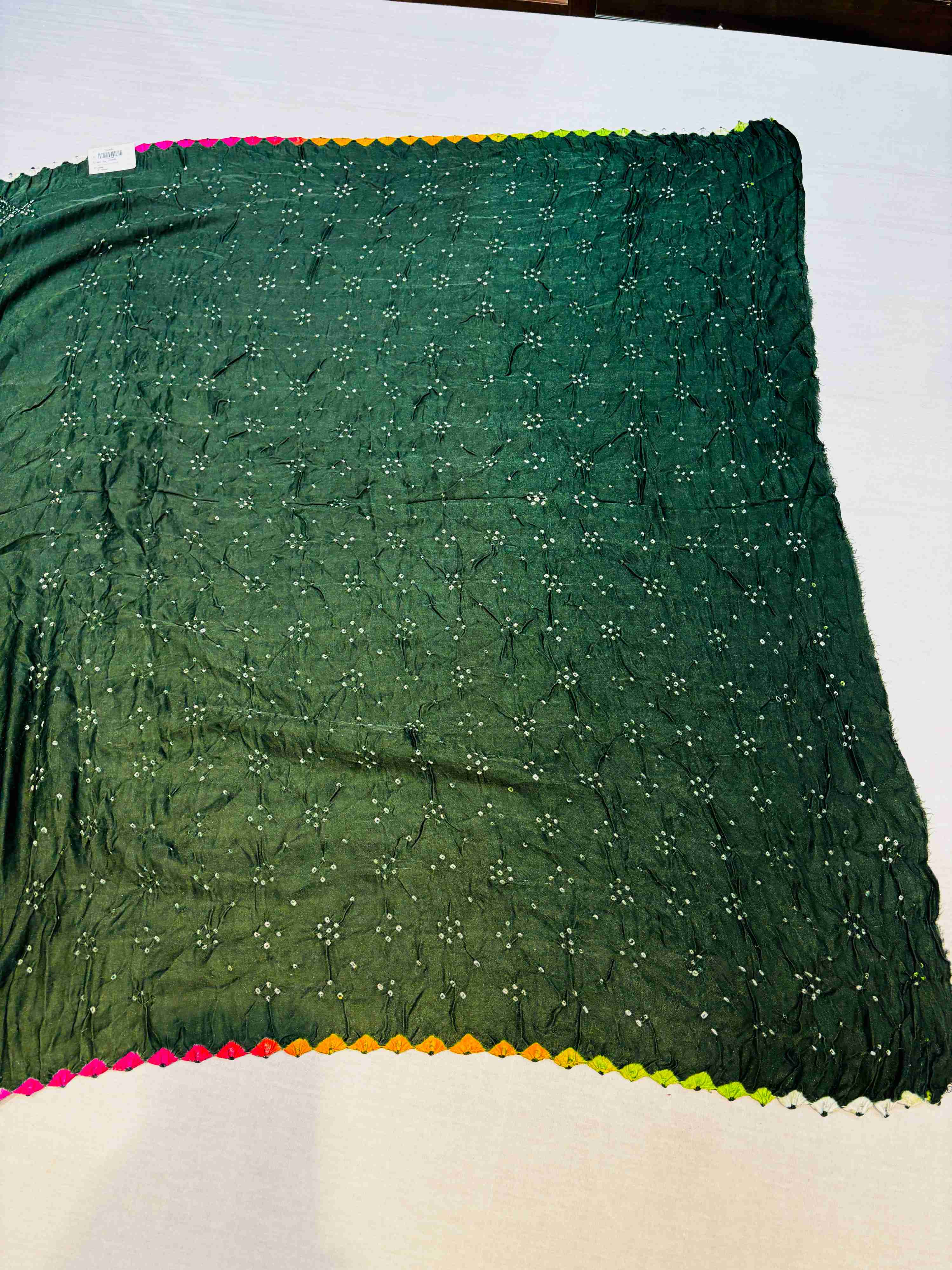 Dark Green Pure Chinnon Bandhani Saree