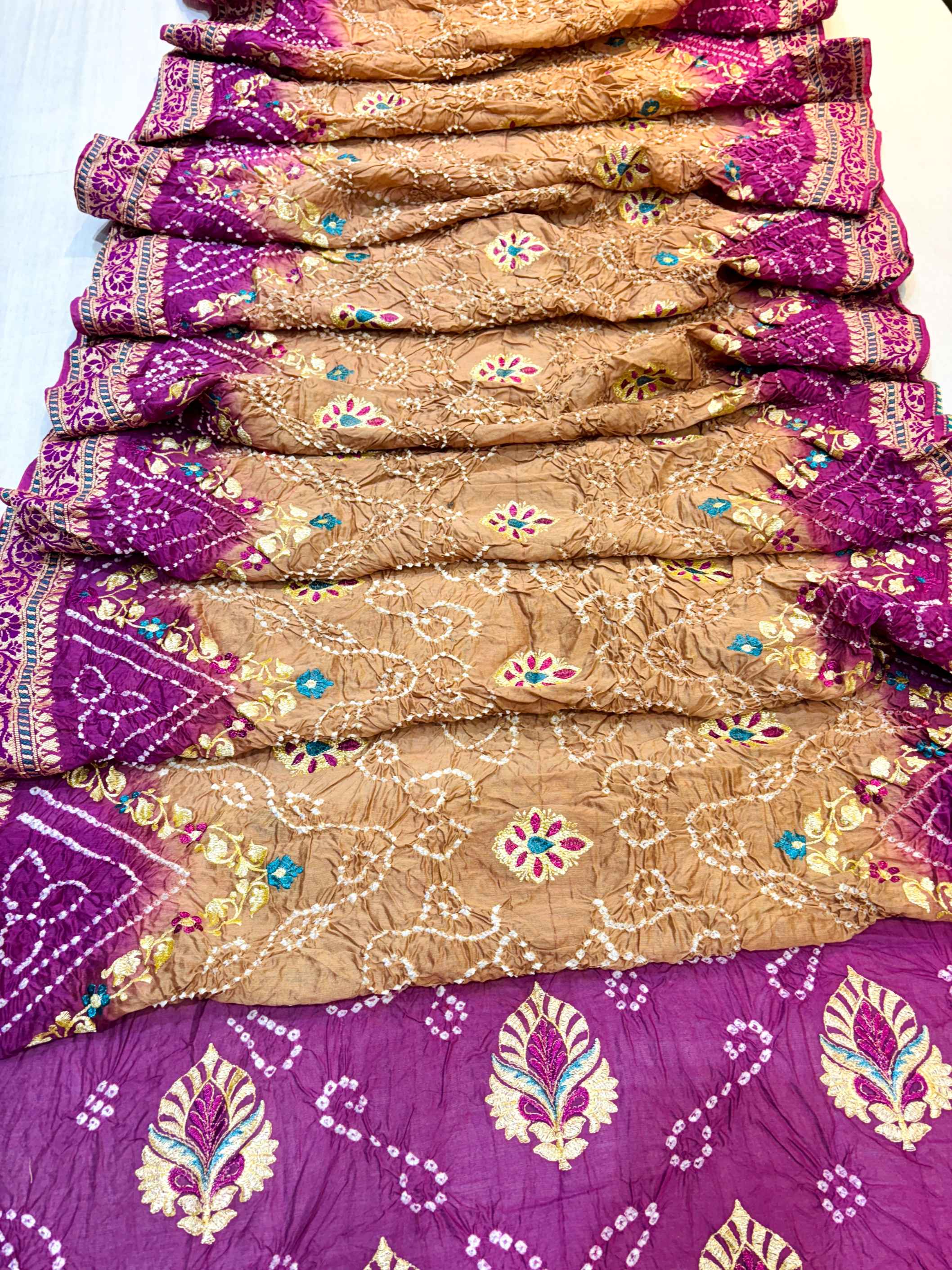 Purple & Brown Pure Chinnon Bandhani Saree