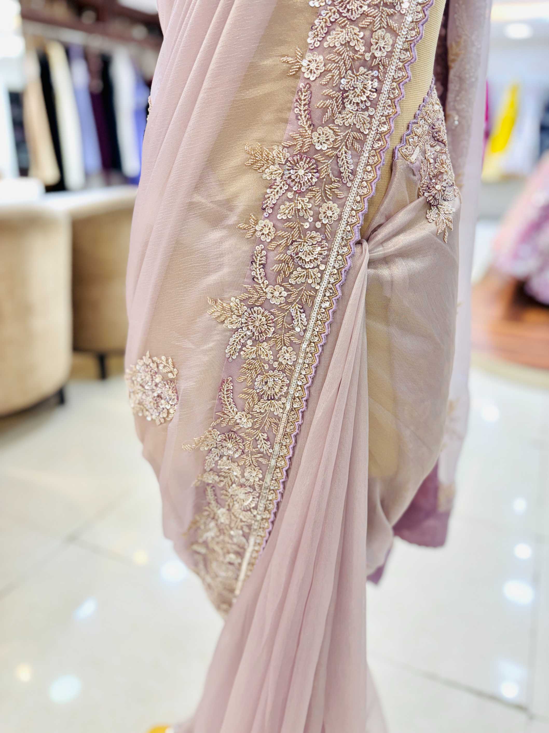 Light Purple Tissue Organza Zardozi Saree