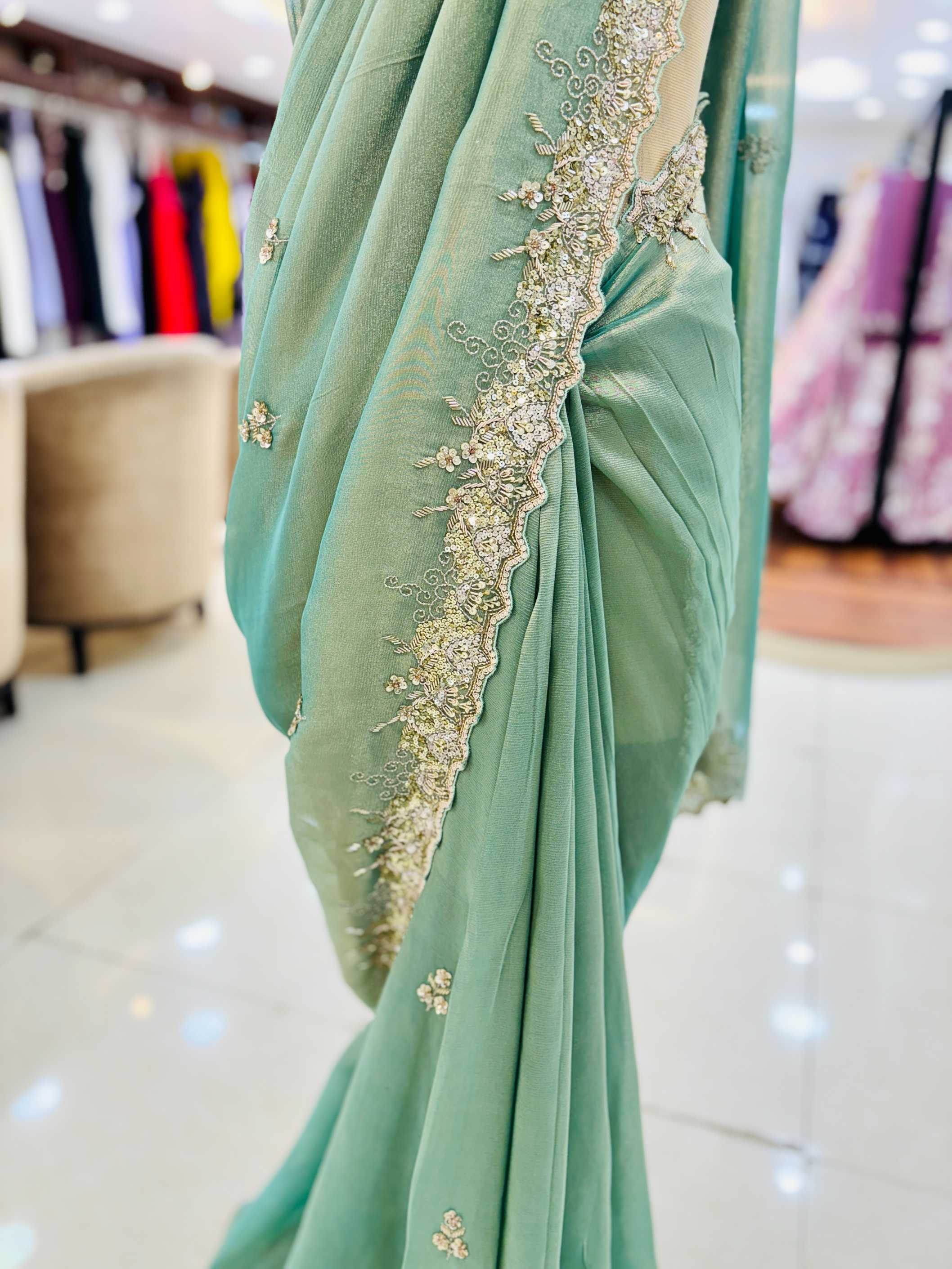 Green Crushed Tissue Hand Embellished Saree