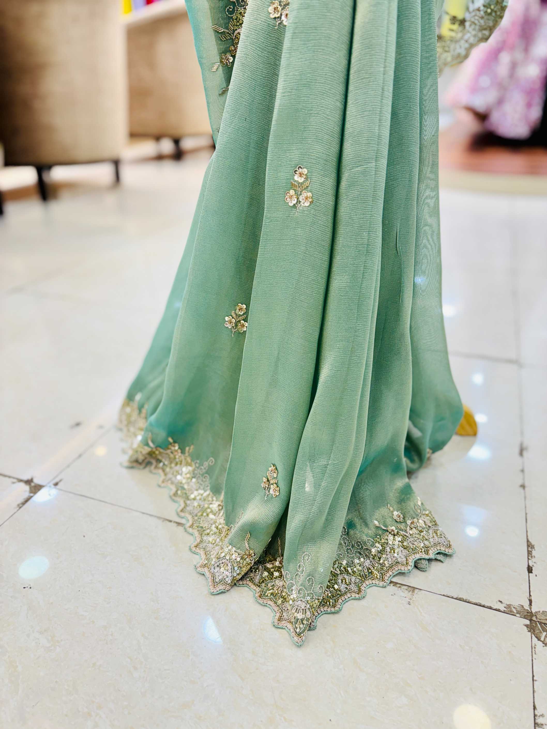 Green Crushed Tissue Hand Embellished Saree
