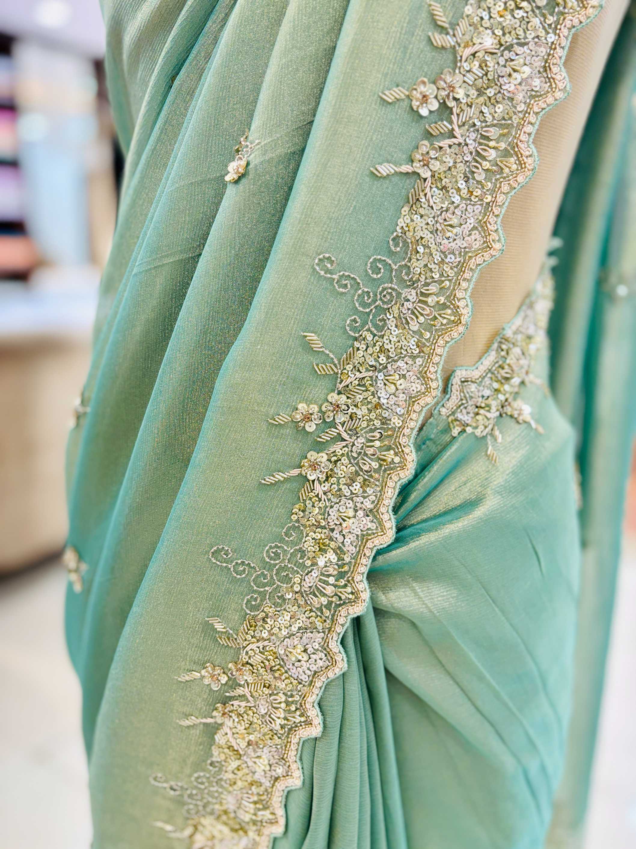 Green Crushed Tissue Hand Embellished Saree