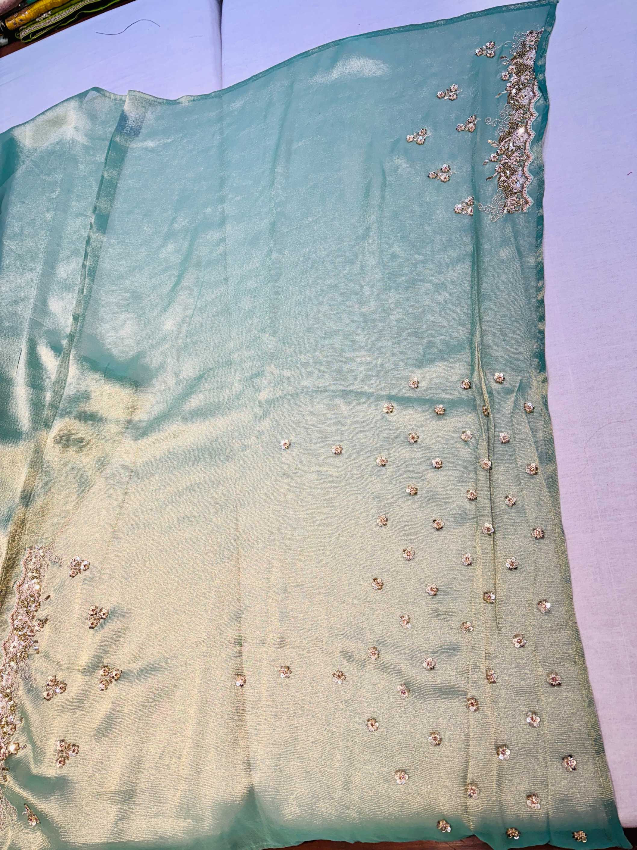 Green Crushed Tissue Hand Embellished Saree