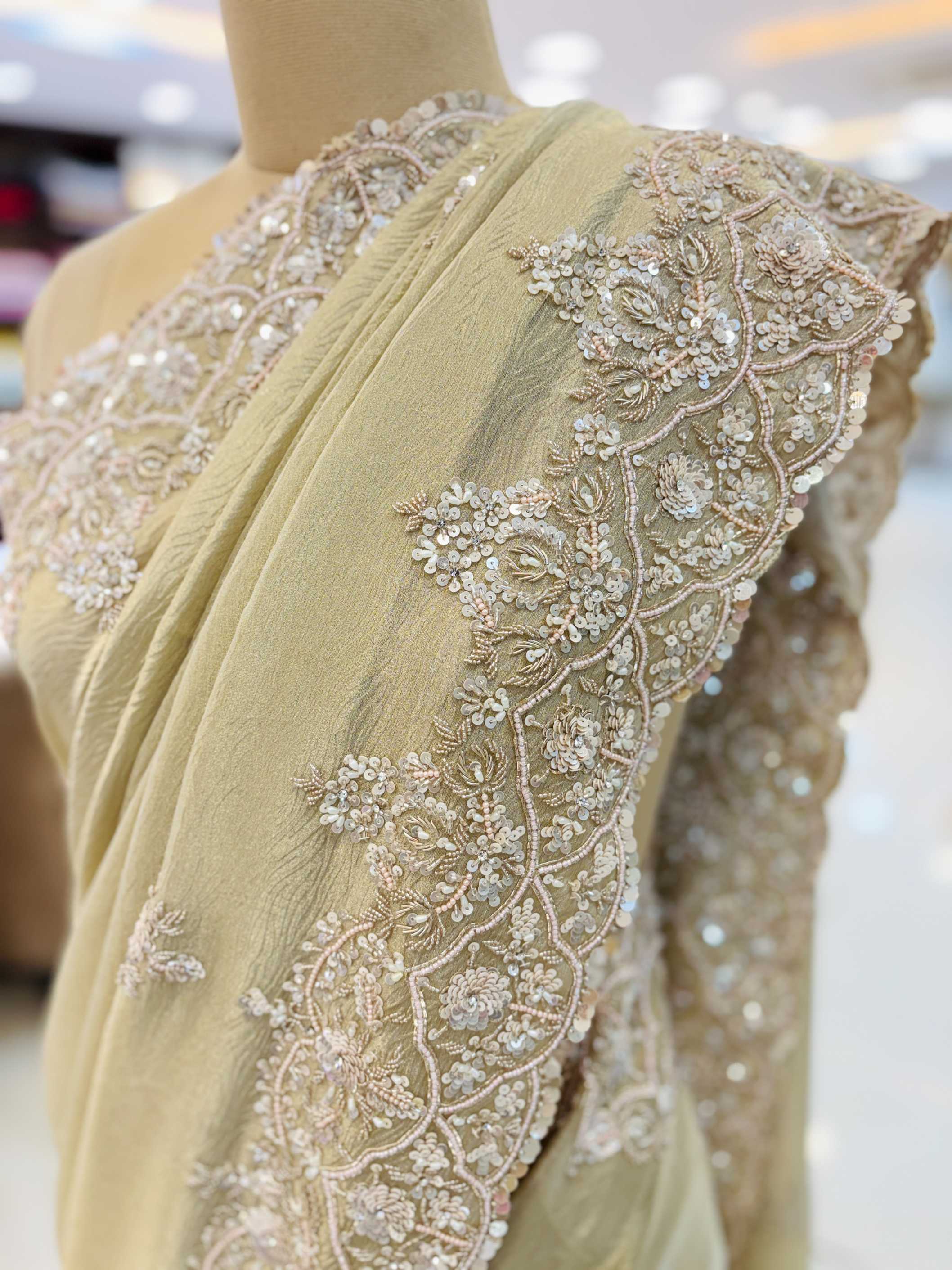 Beige Cream Crushed Tissue Hand Work Saree