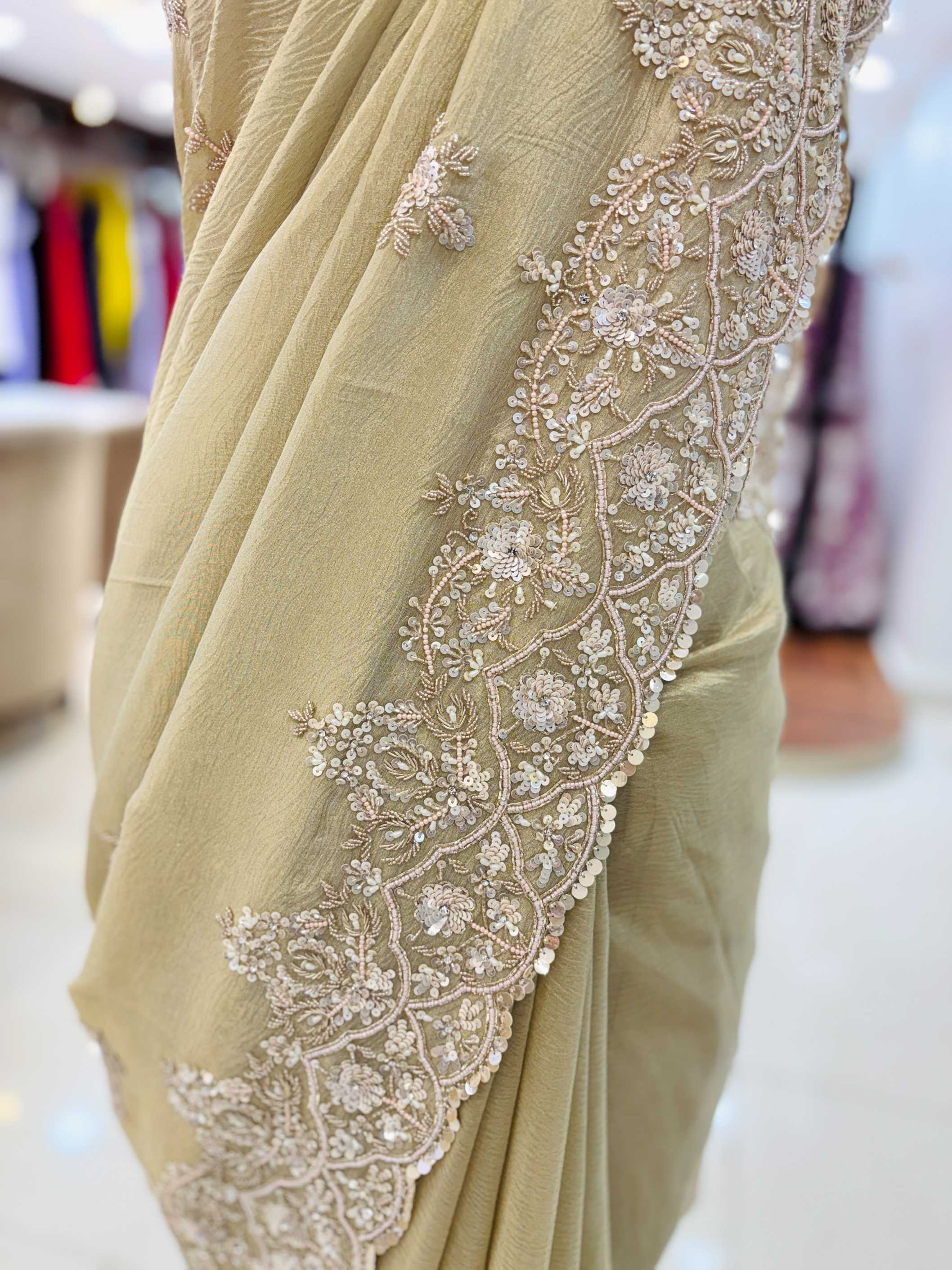 Beige Cream Crushed Tissue Hand Work Saree