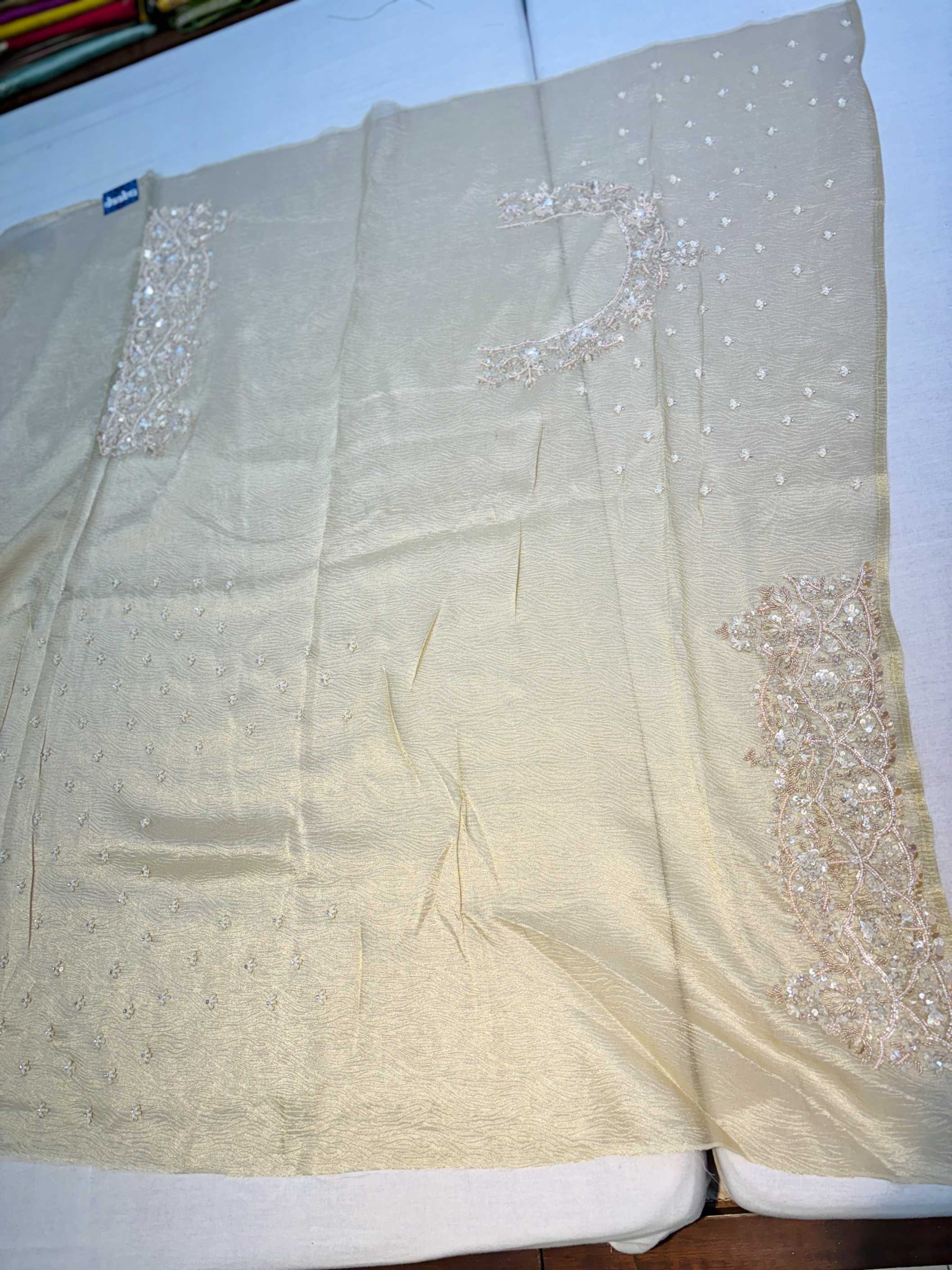 Beige Cream Crushed Tissue Hand Work Saree
