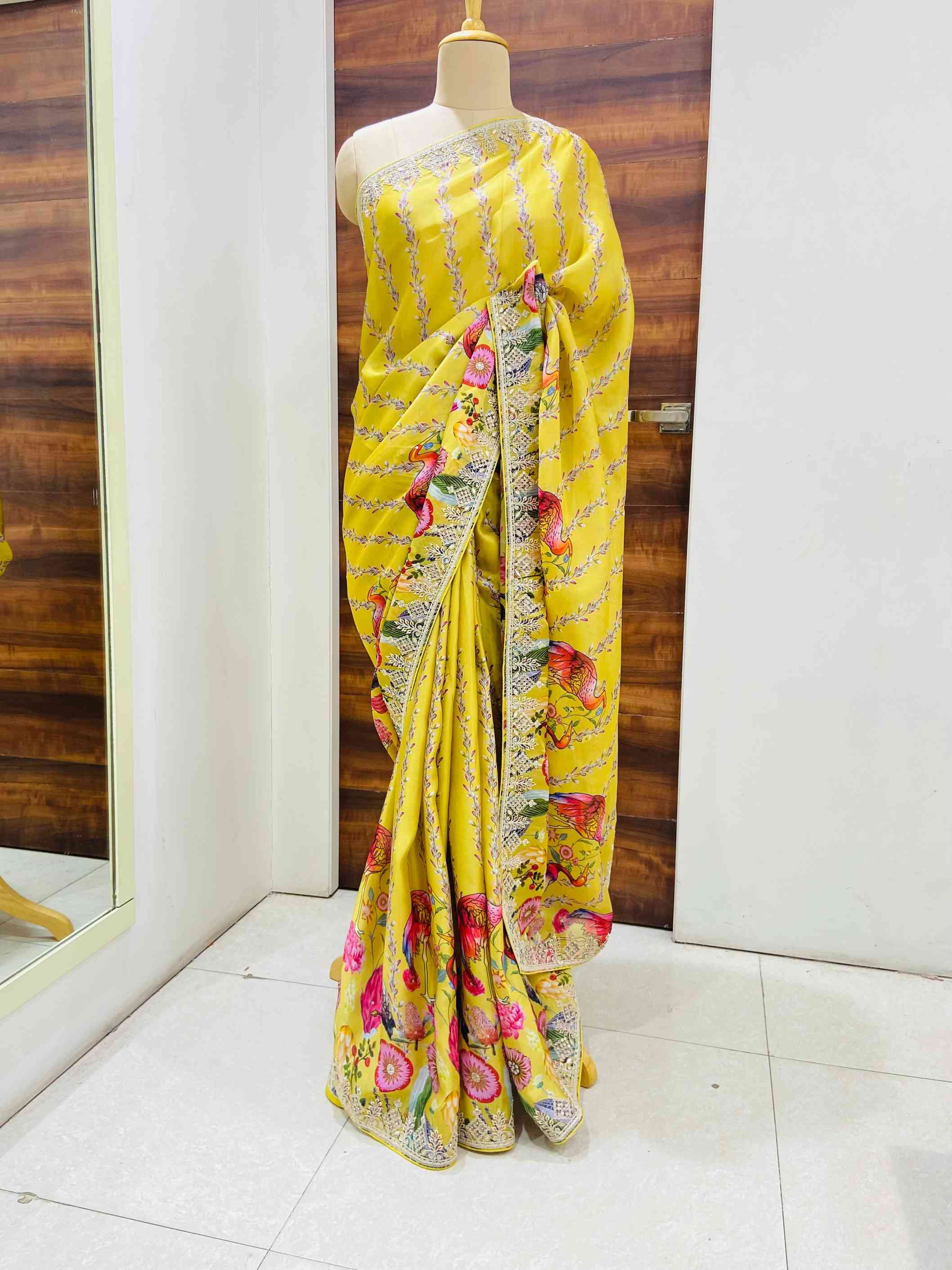 Mustard Digital Printed Satin Organza Saree