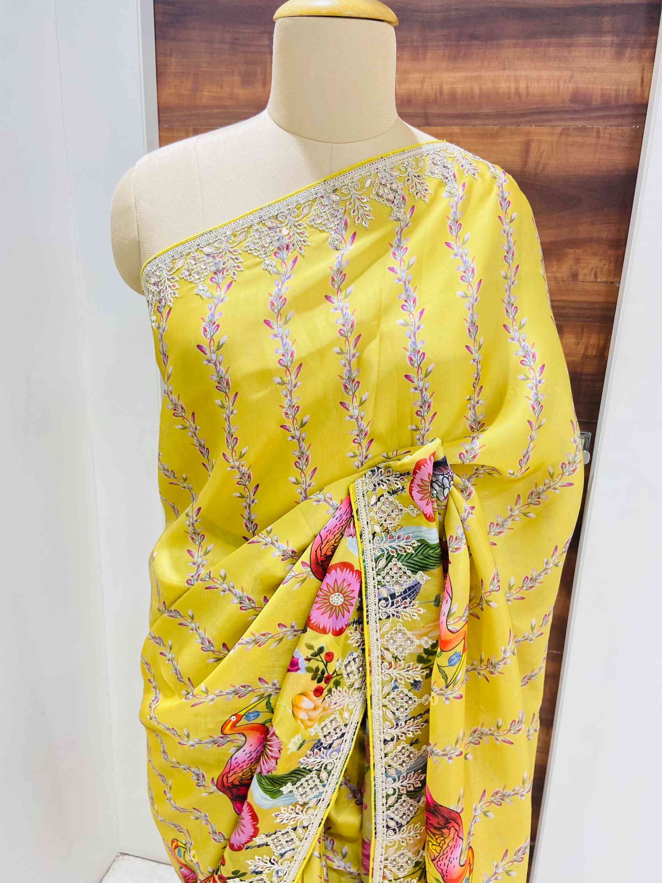 Mustard Digital Printed Satin Organza Saree