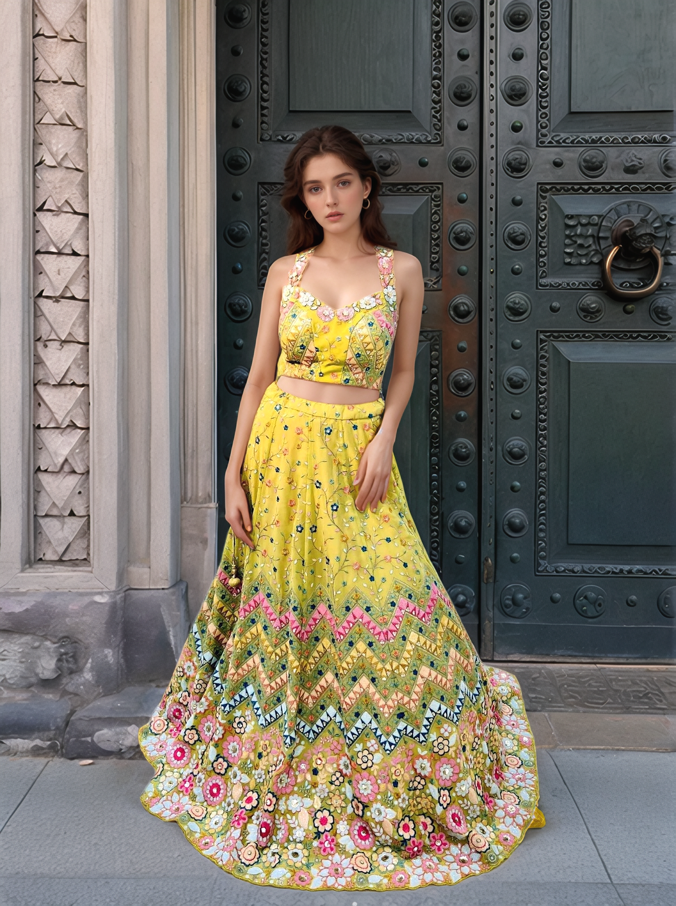 Lime Green Floral Lehenga