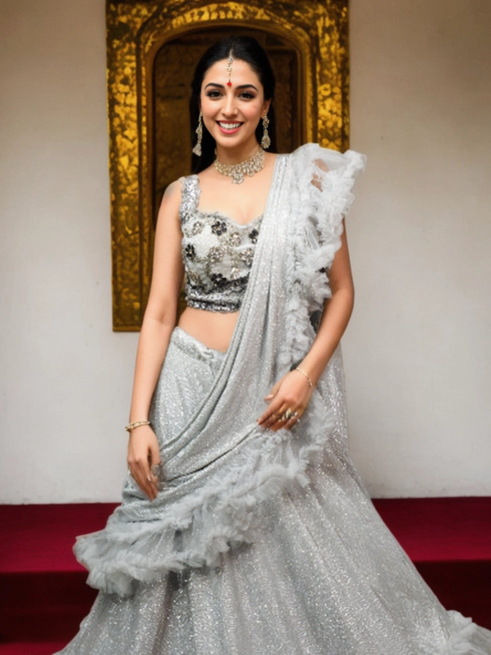 Grey Shimmering Drape Style Lehenga Set