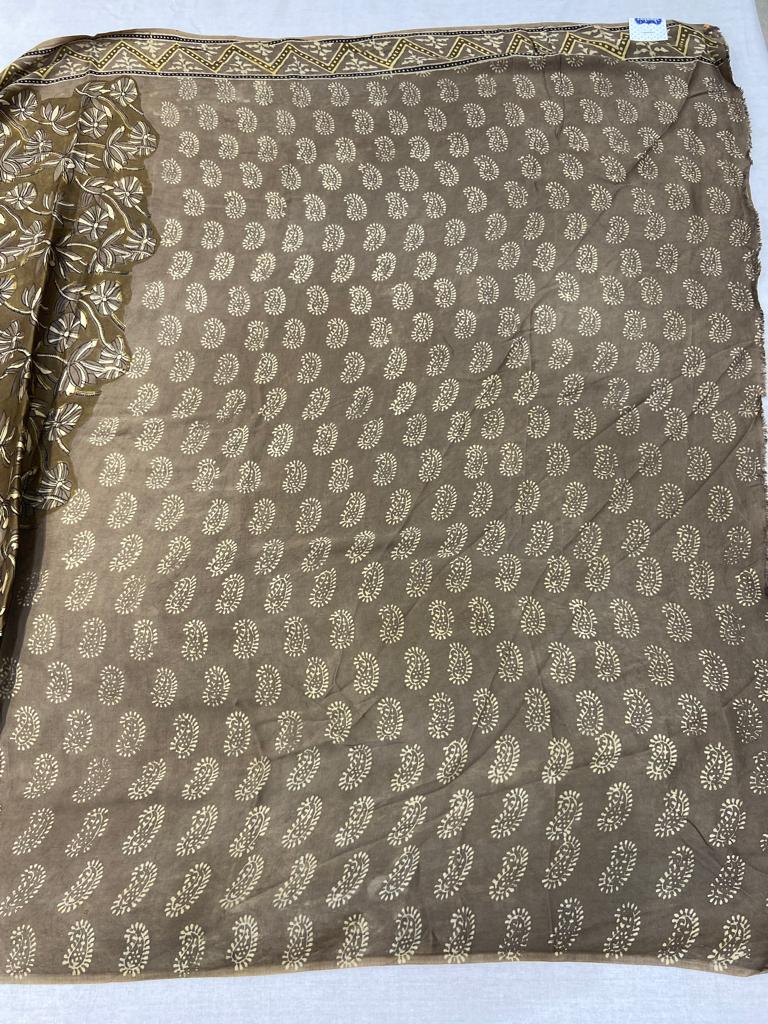 Olive Green Hand Block Silk Saree