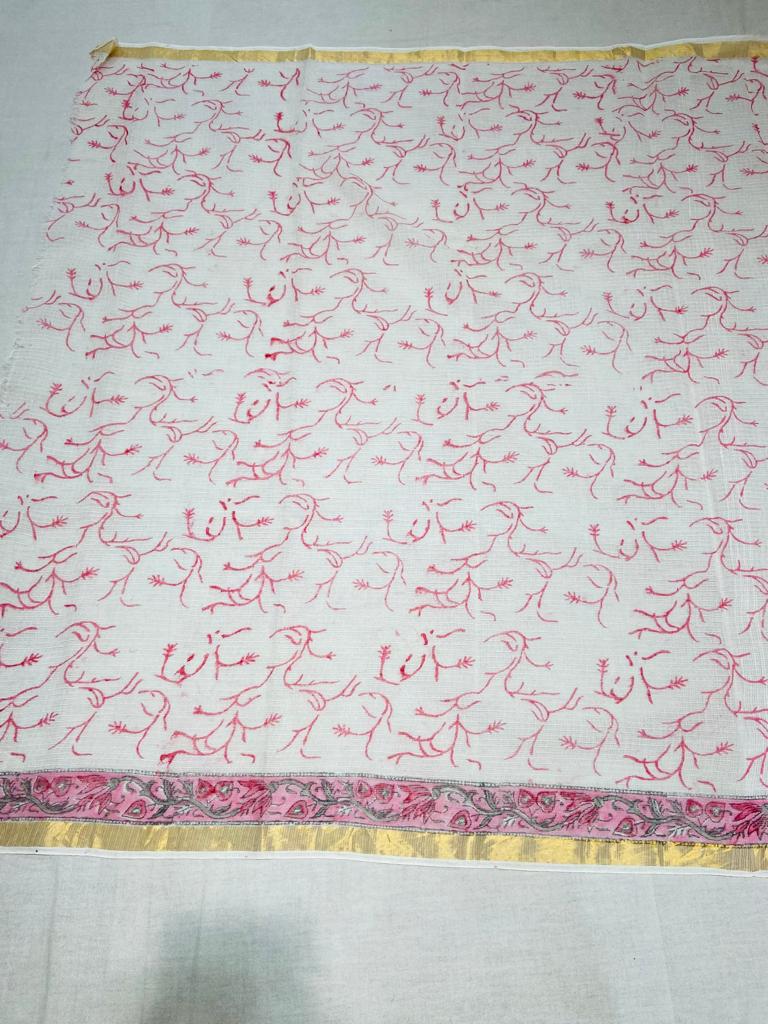 Pink Hand Block Kota Doria Saree