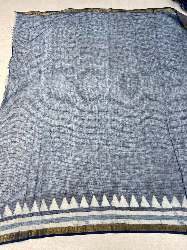 Blue Hand Block Kota Doria Saree