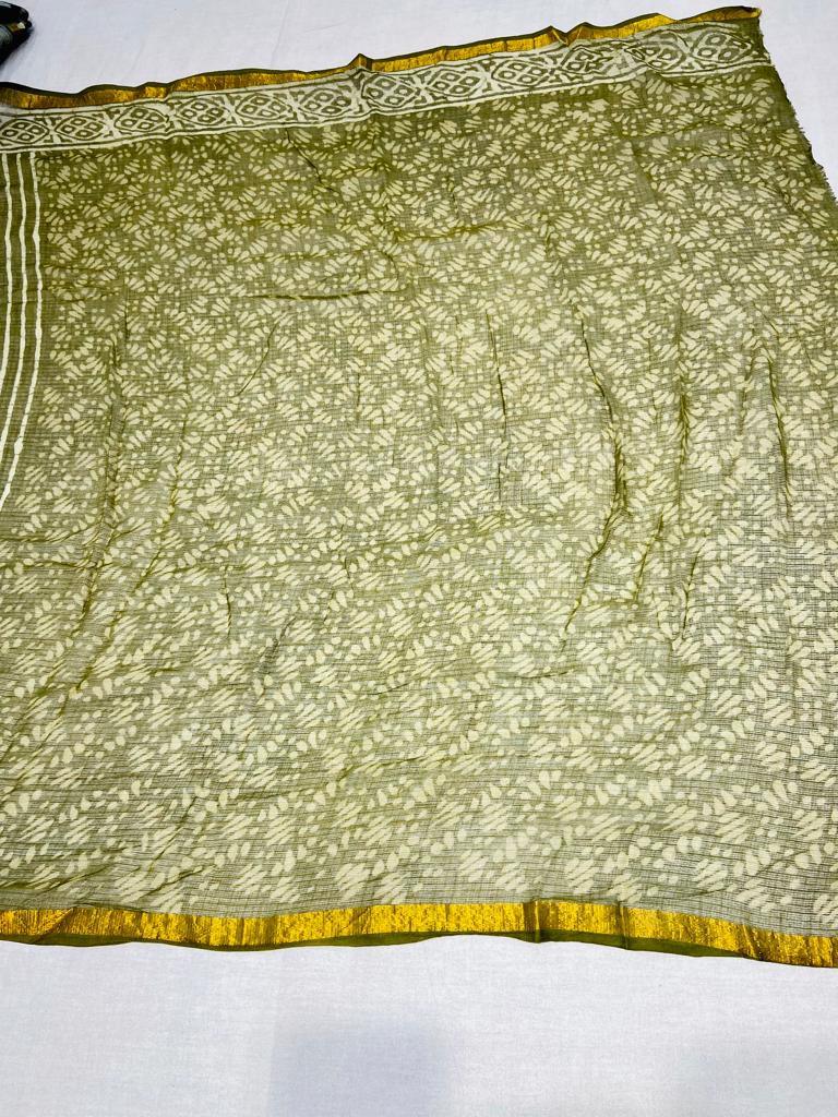 Green Hand Block Kota Doria Saree