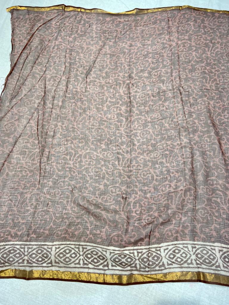 Brown Hand Block Kota Doria Saree