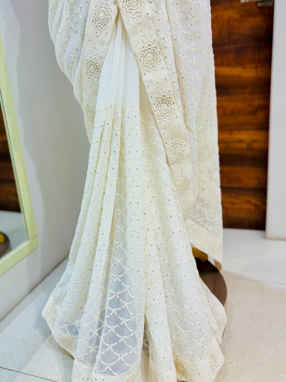 Cream Chikankari Designer Saree