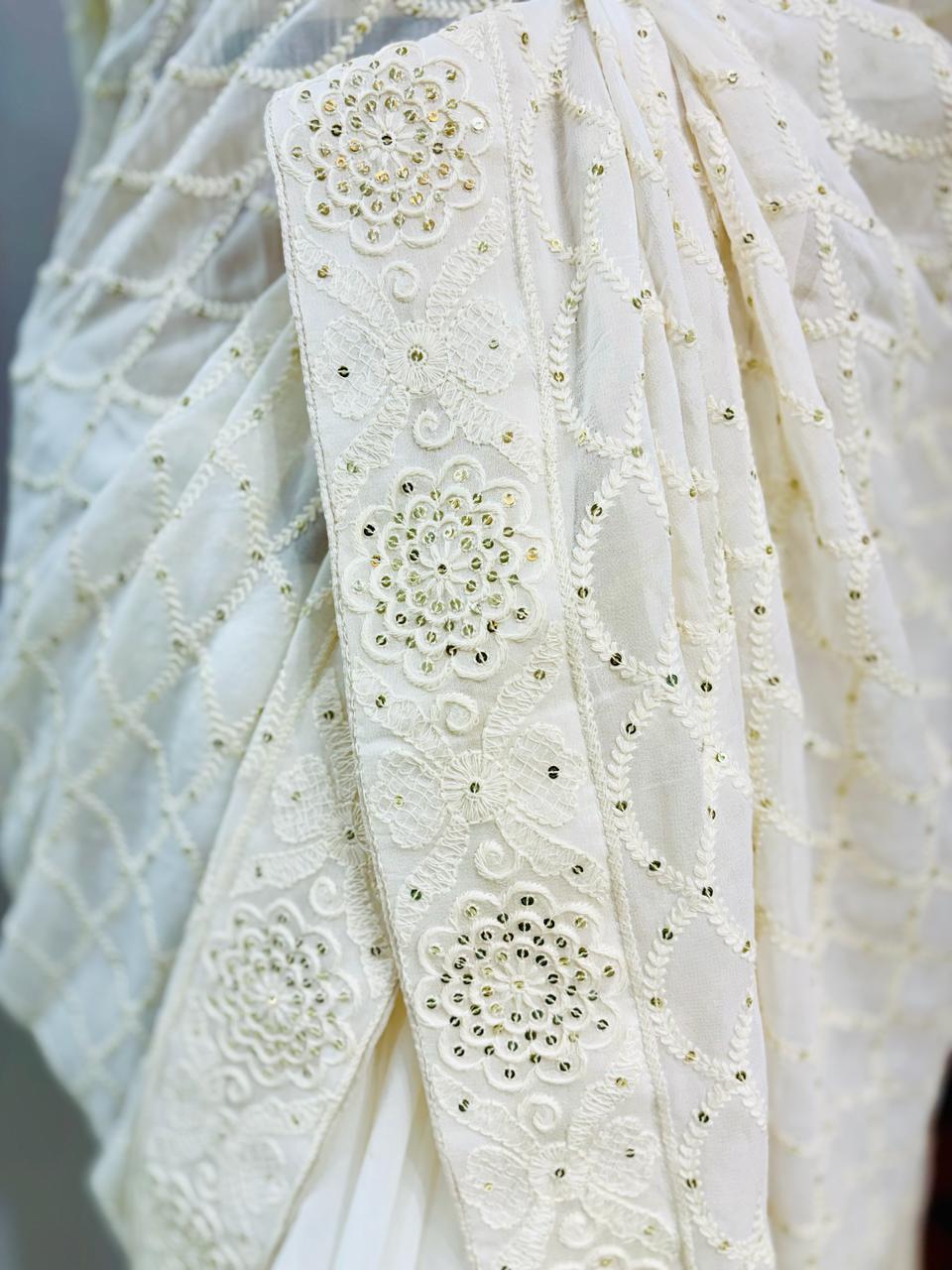 Cream Chikankari Designer Saree