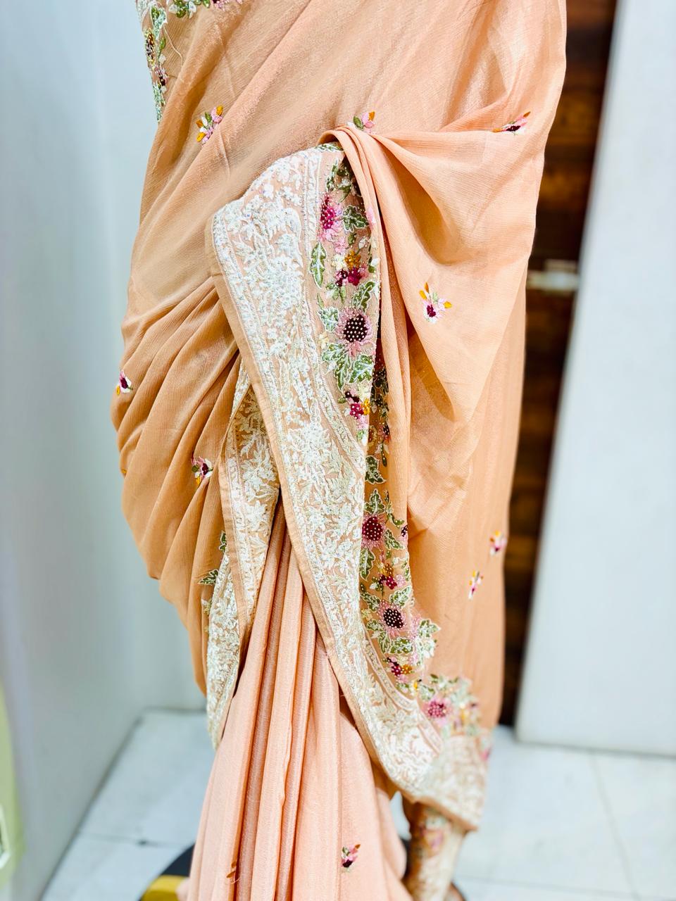 Peach Kashmiri Woven Silk Saree