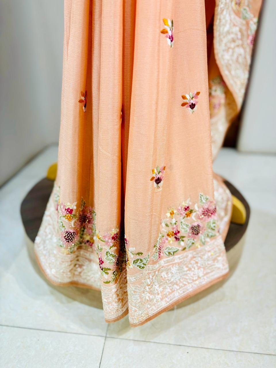 Peach Kashmiri Woven Silk Saree