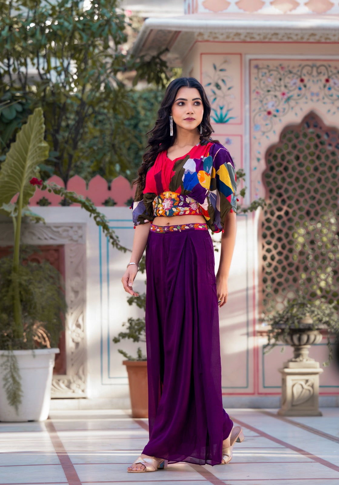 Purple Embellished Top With Palazzo Set