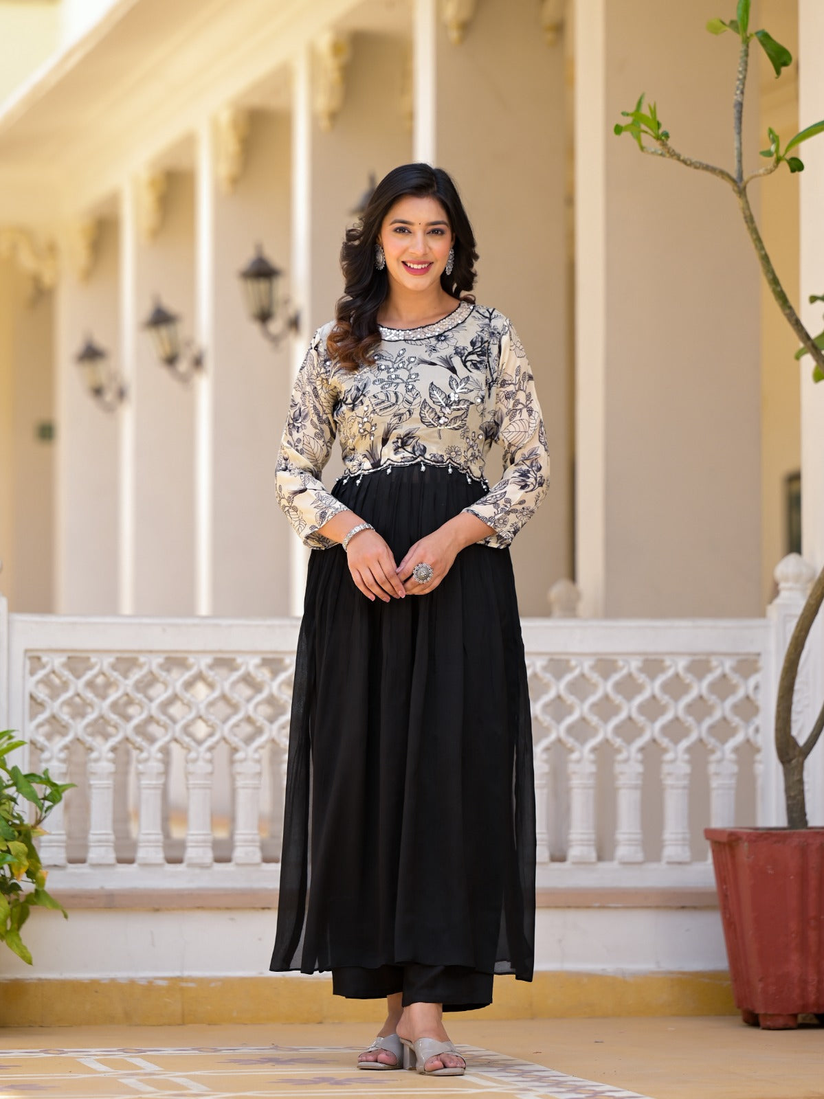 Off White & Black Anarkali & Palazzo Set