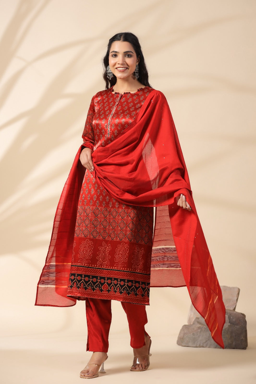 Red Muslin Silk Printed Pant Set