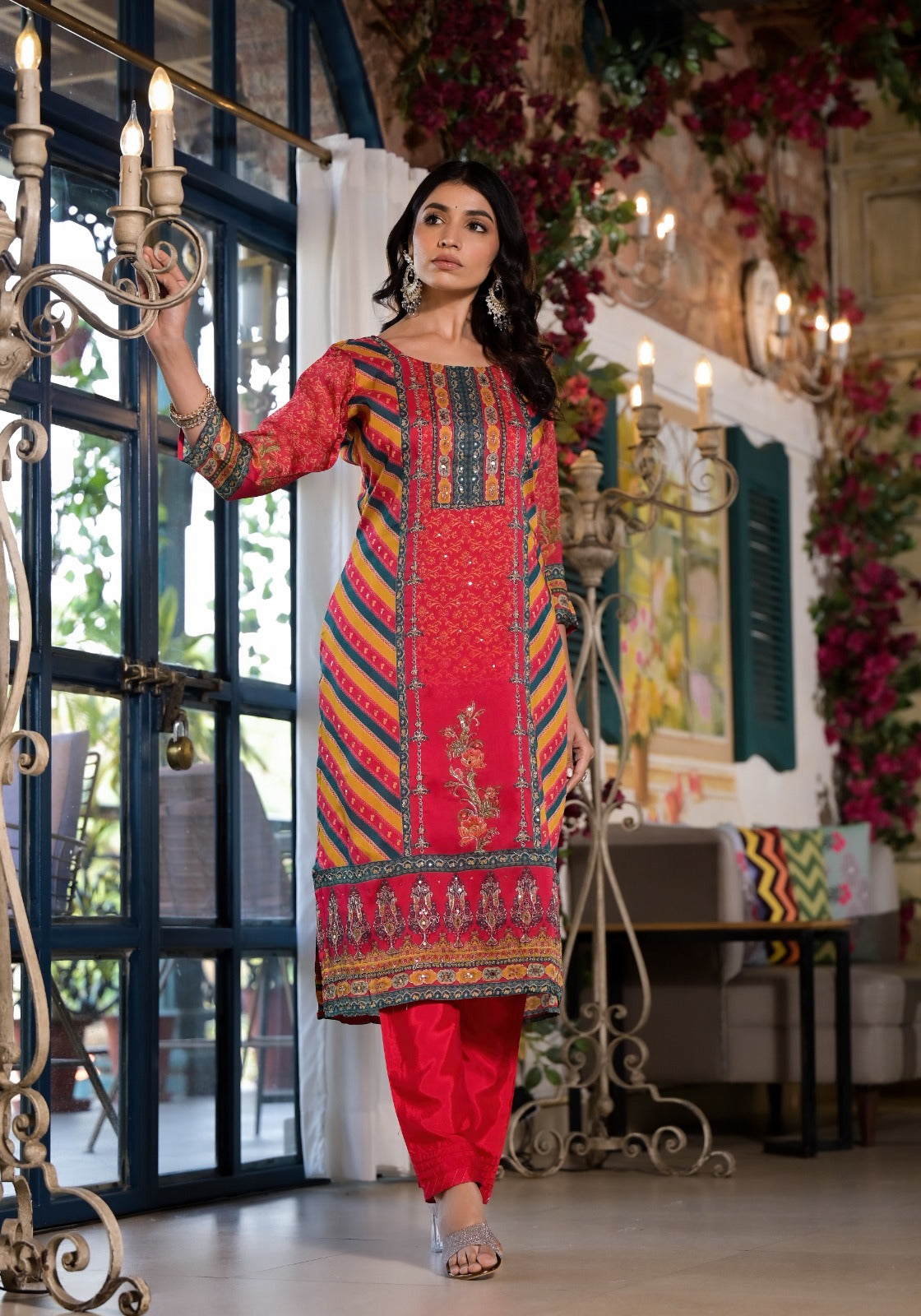 Red Digital Printed Silk Pant Set