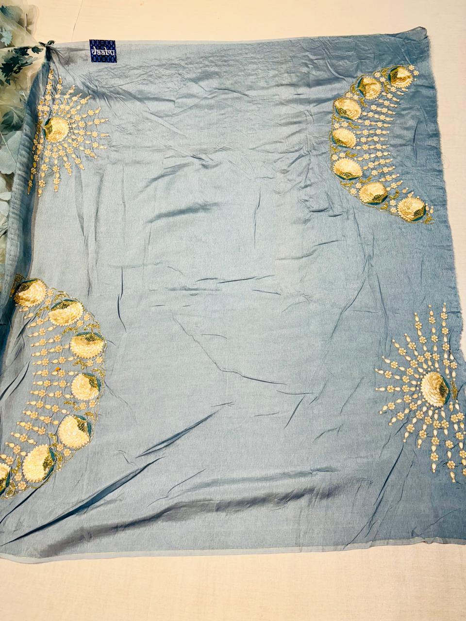 Blue Glass Organza Designer Saree