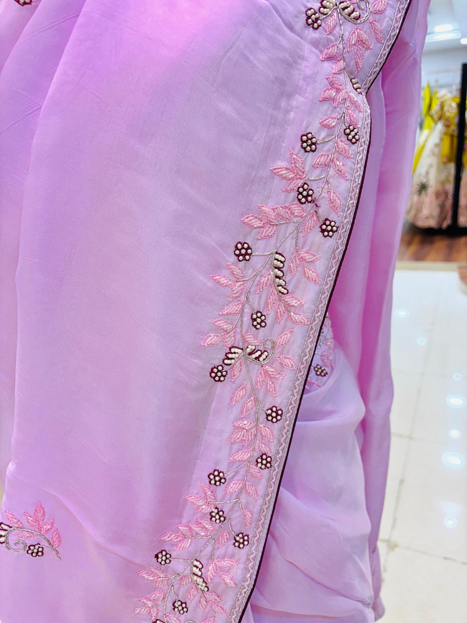 Light Pink Crepe Silk Hand Work Saree