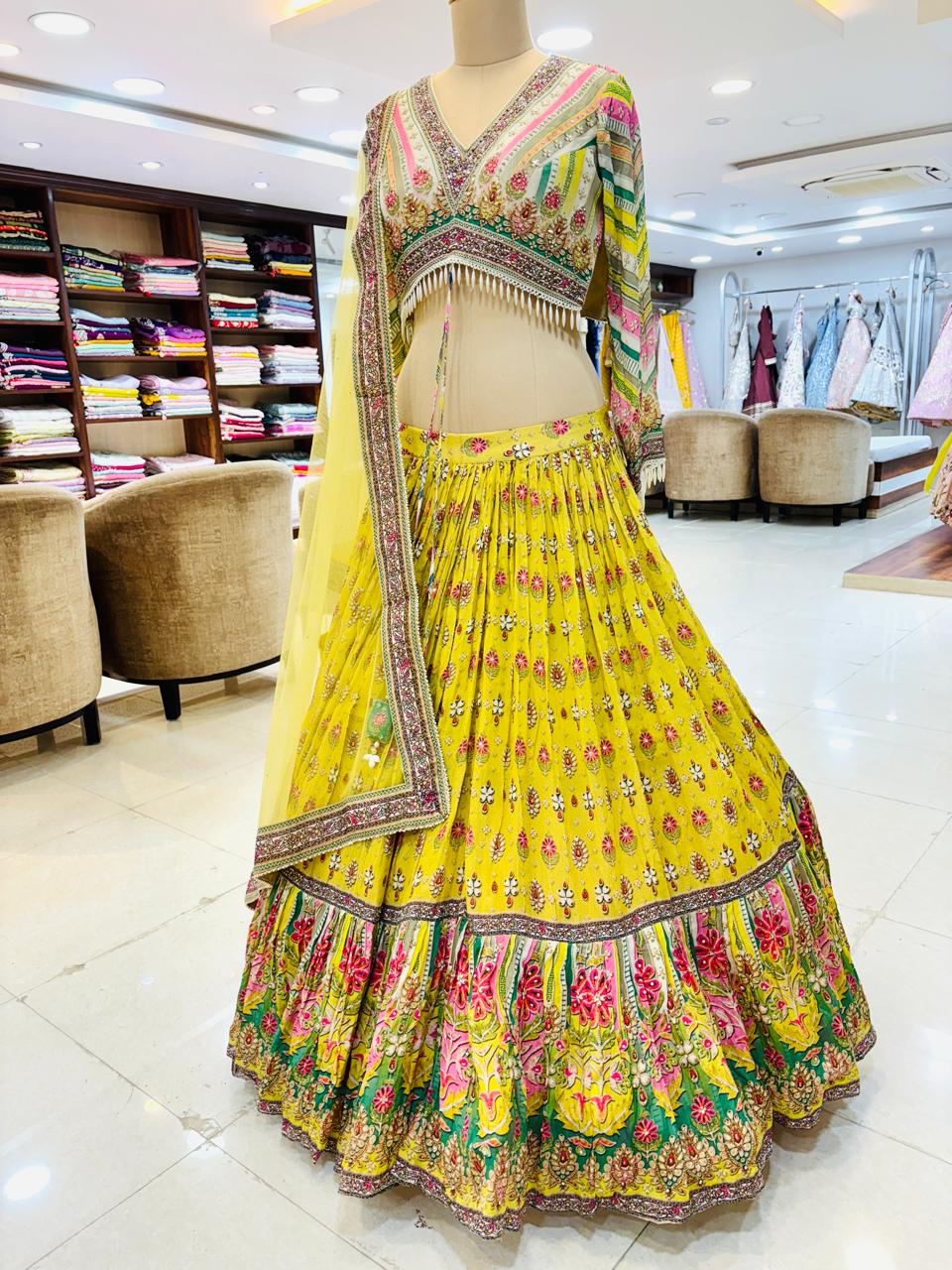 Yellow Digital printed Chinnon Designer Lehenga