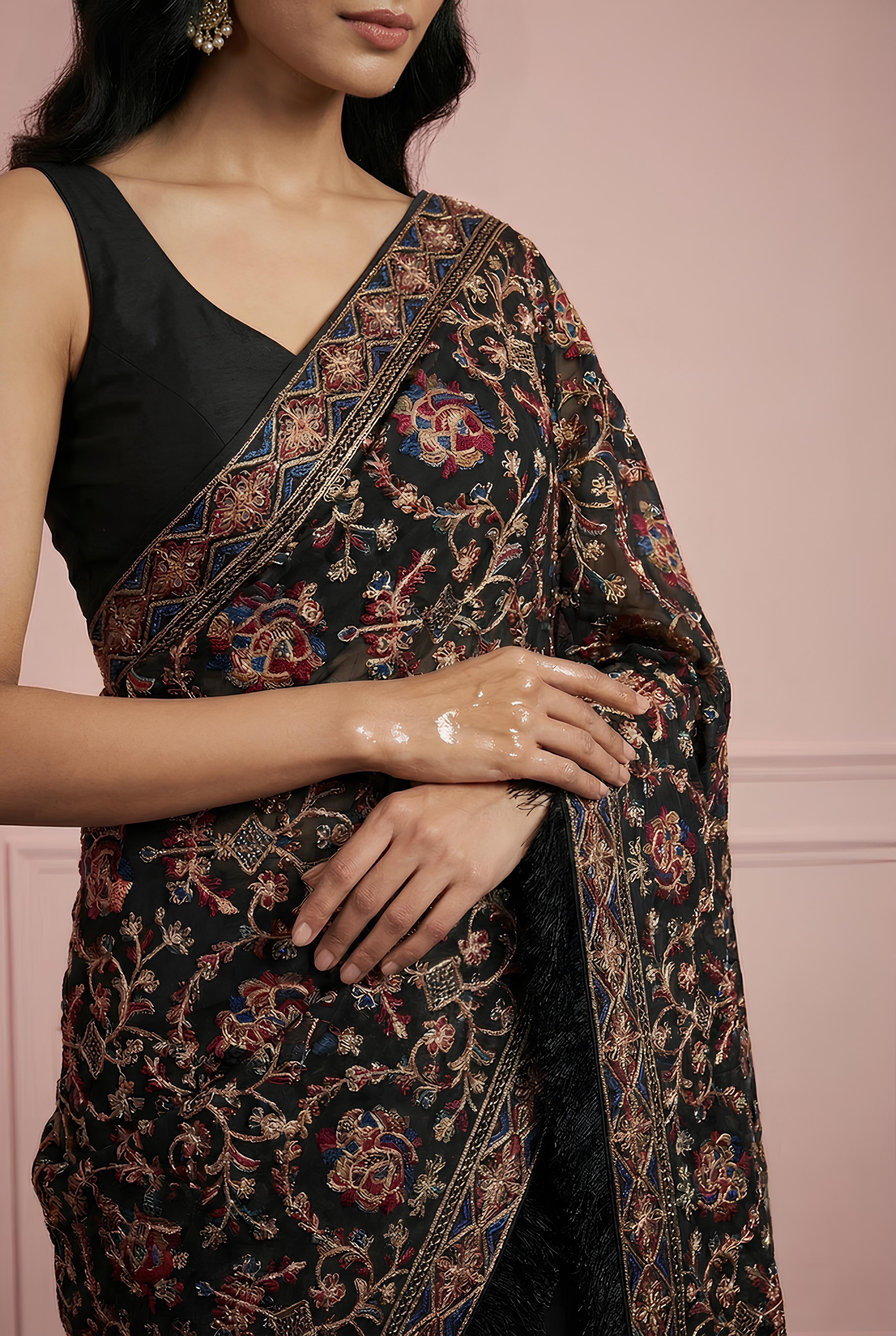 Black Ajrakh Ready Pleated Saree With Blouse