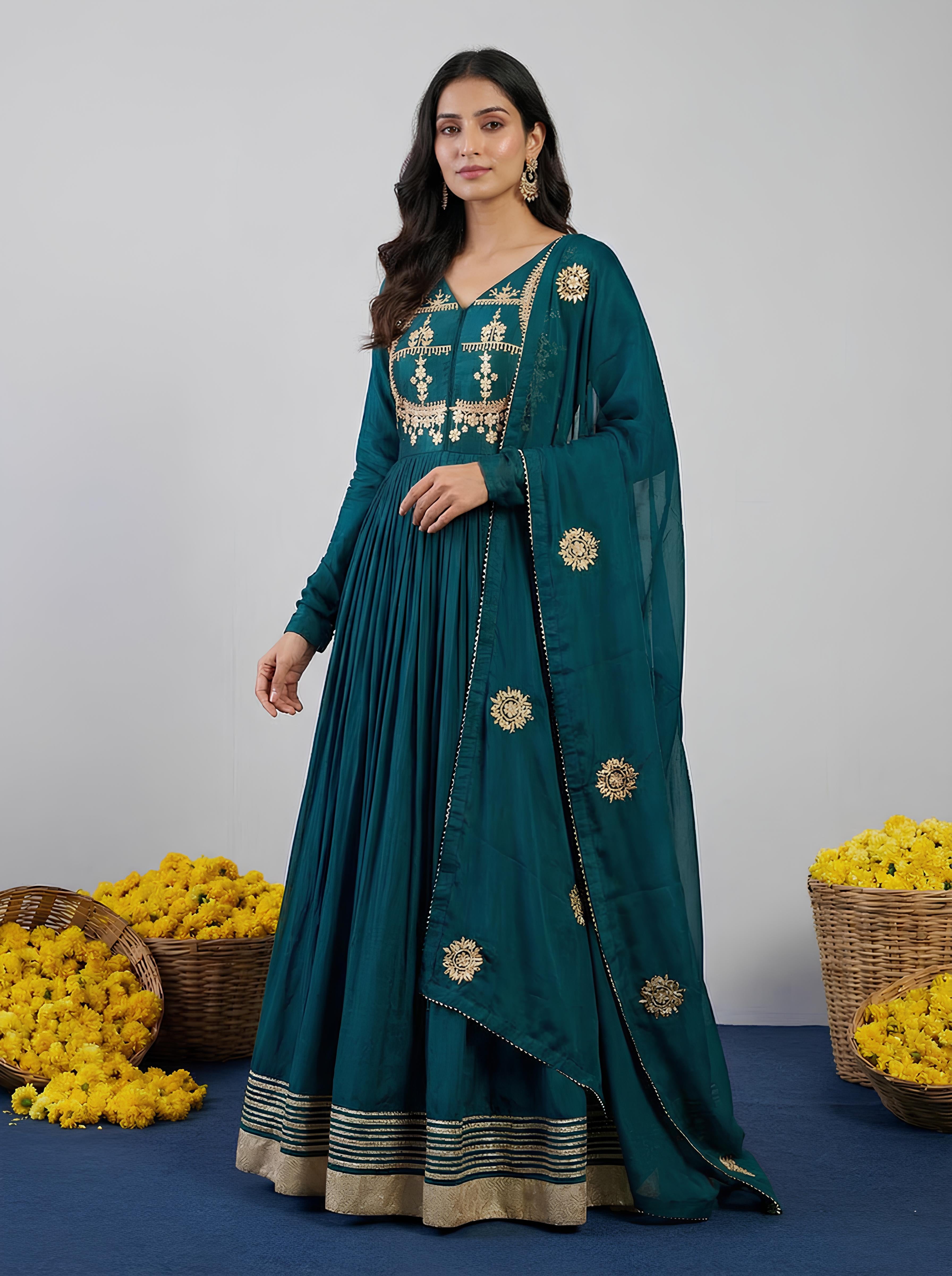 Green Silk Embellished Anarkali Gown With Dupatta