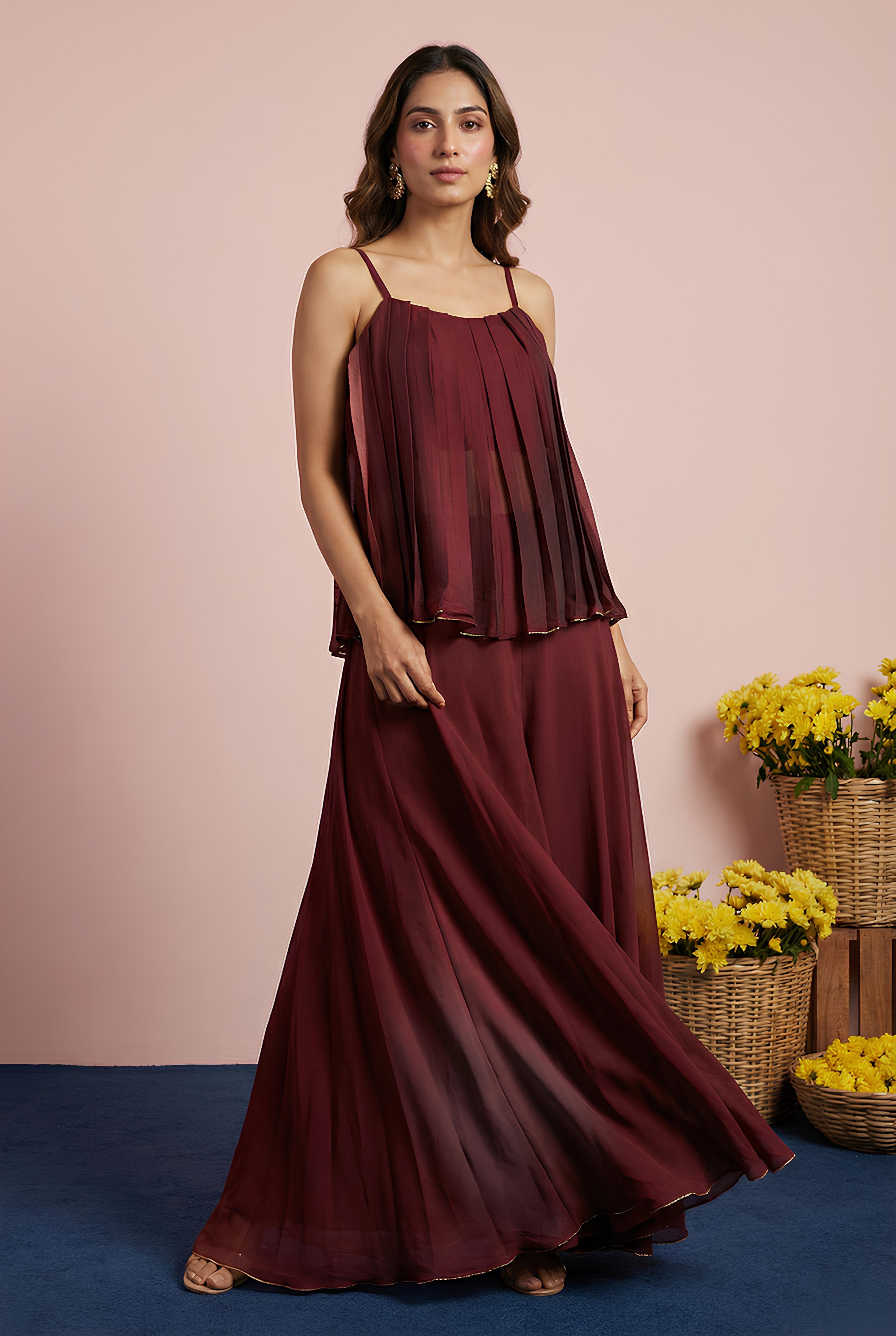 Dark Burgundy Sleeveless Top With Skirt