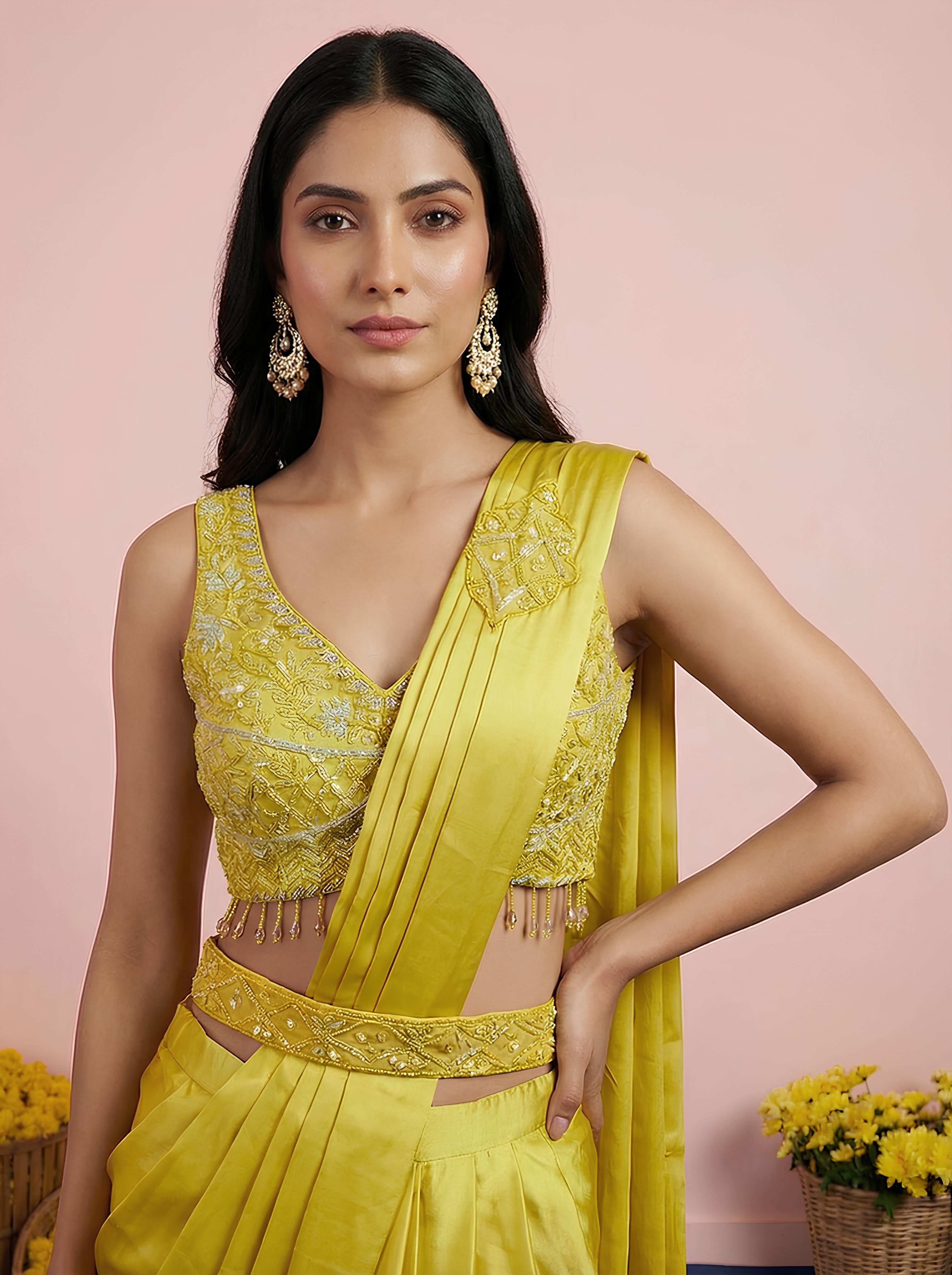 Mint Green Satin Embroidered Drape Saree