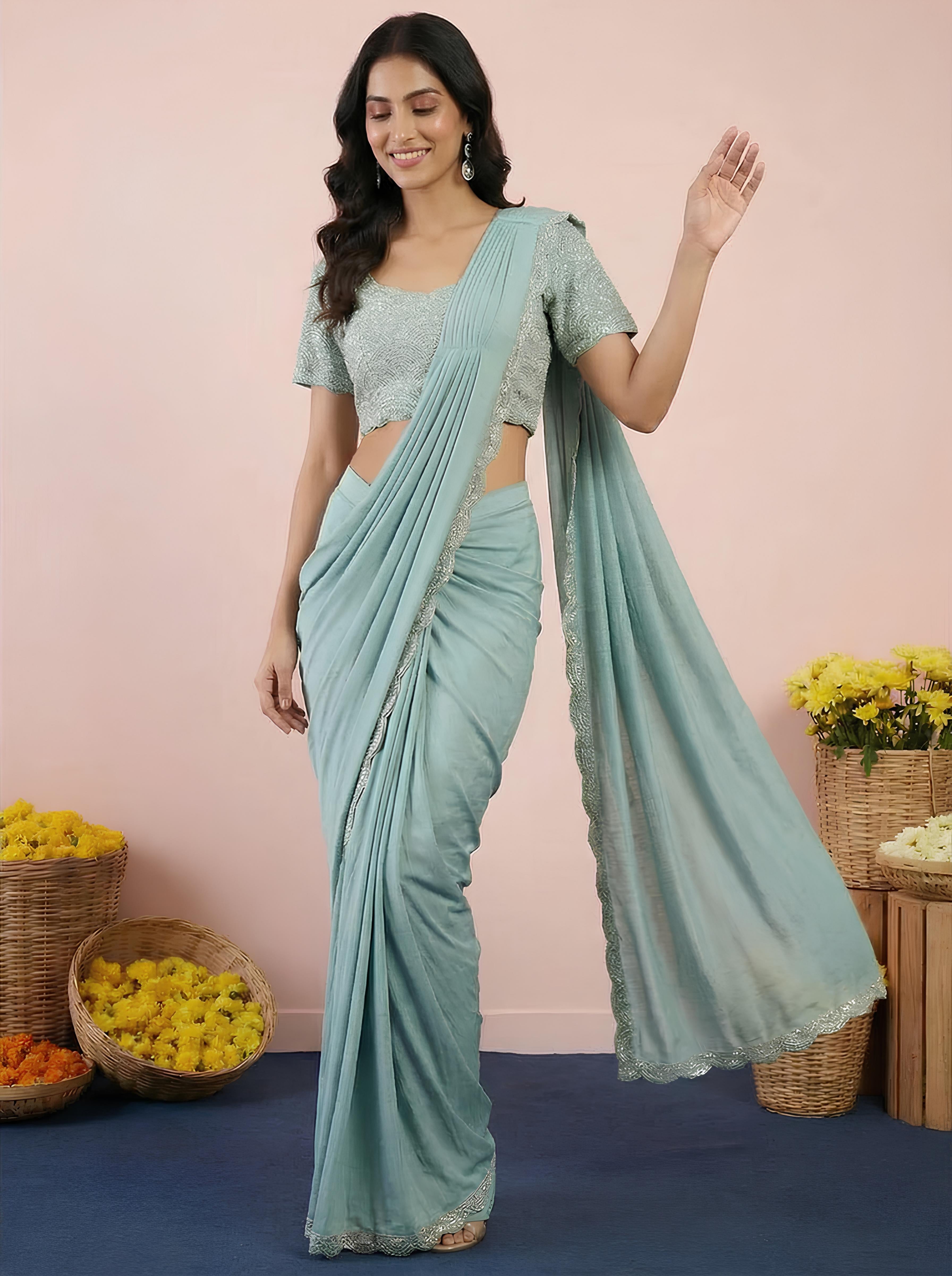 Sea Green Embroidered Drape Saree