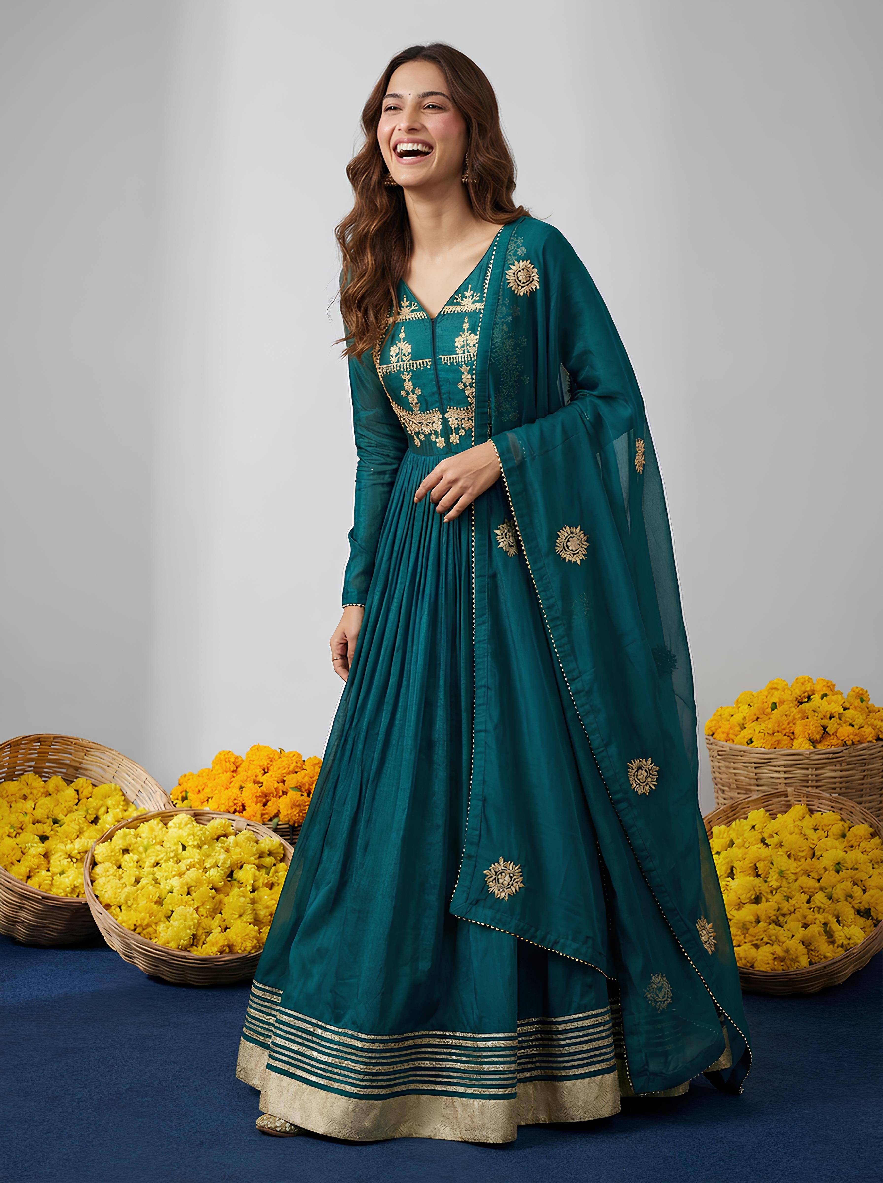 Green Silk Embellished Anarkali Gown With Dupatta