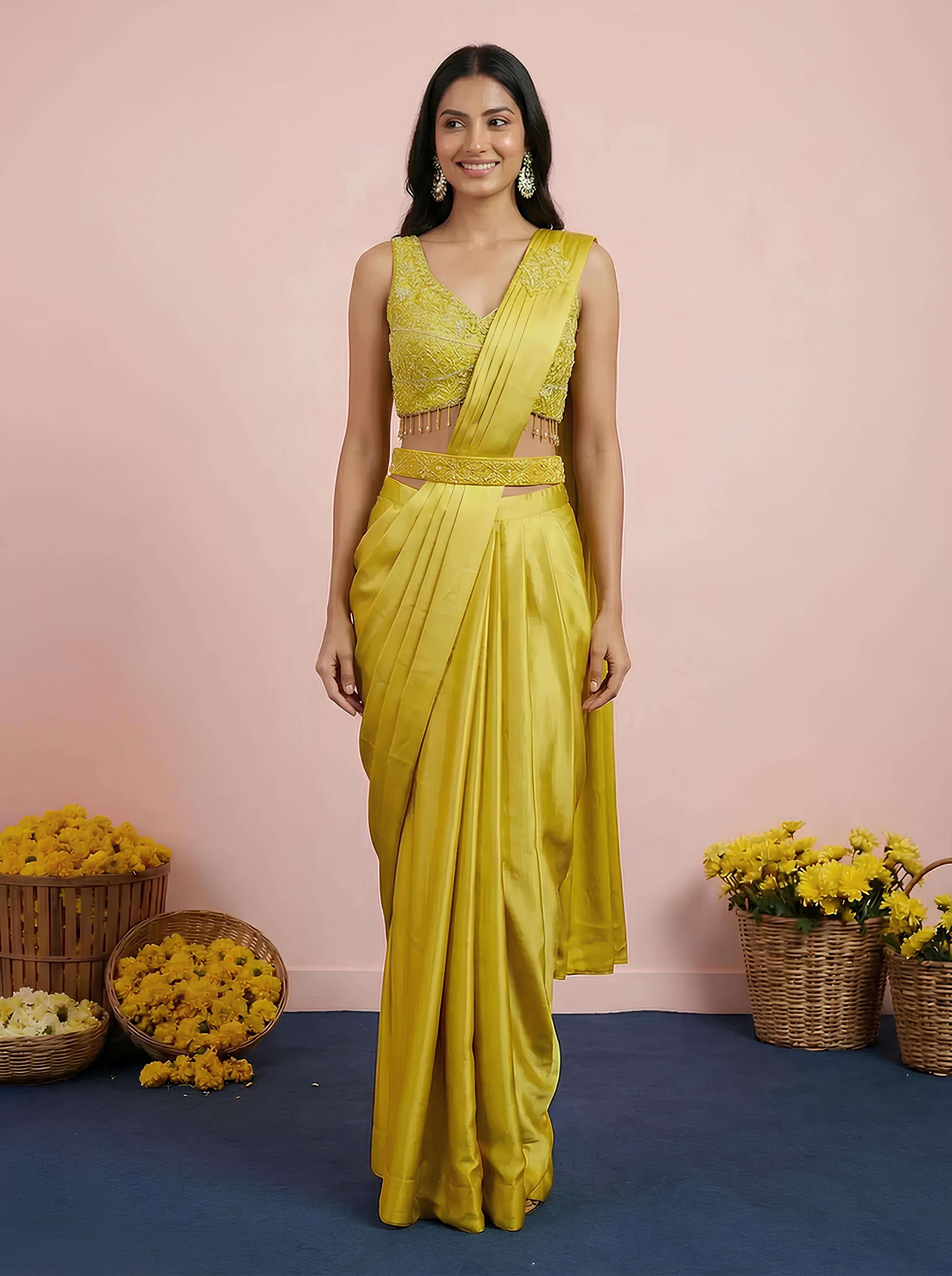 Mint Green Satin Embroidered Drape Saree