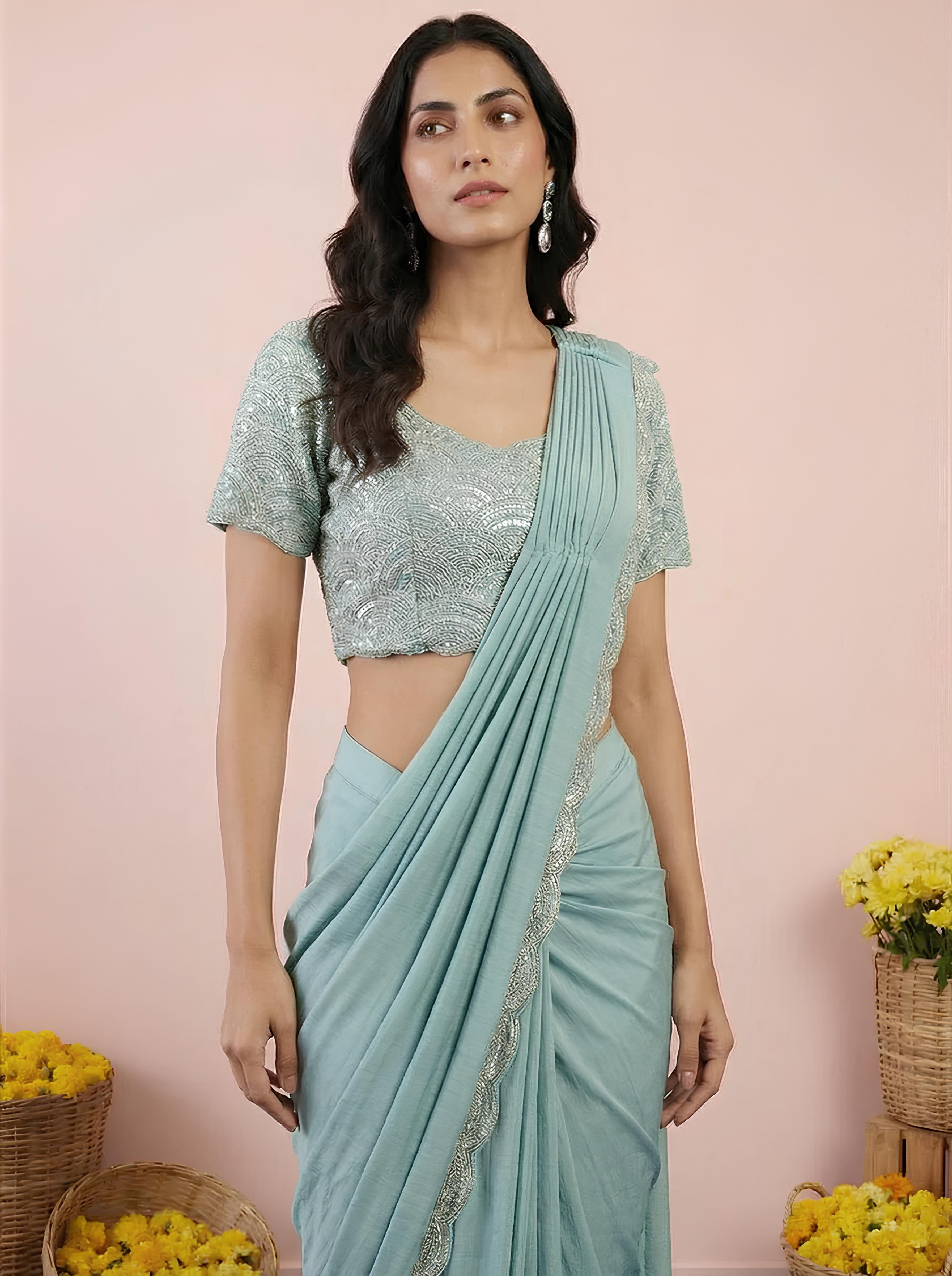 Sea Green Embroidered Drape Saree