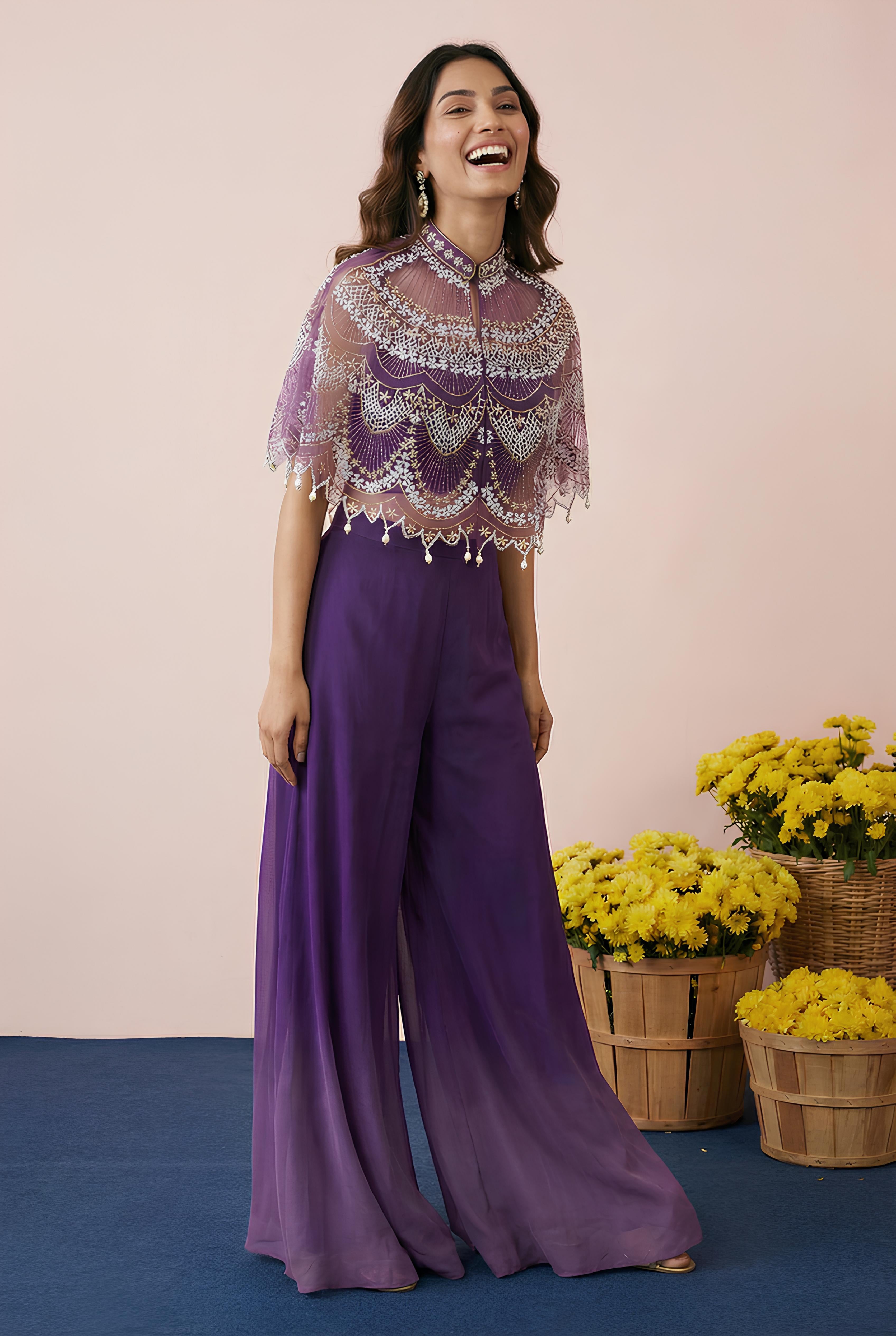 Purple Embroidered Poncho With Top & Palazzo