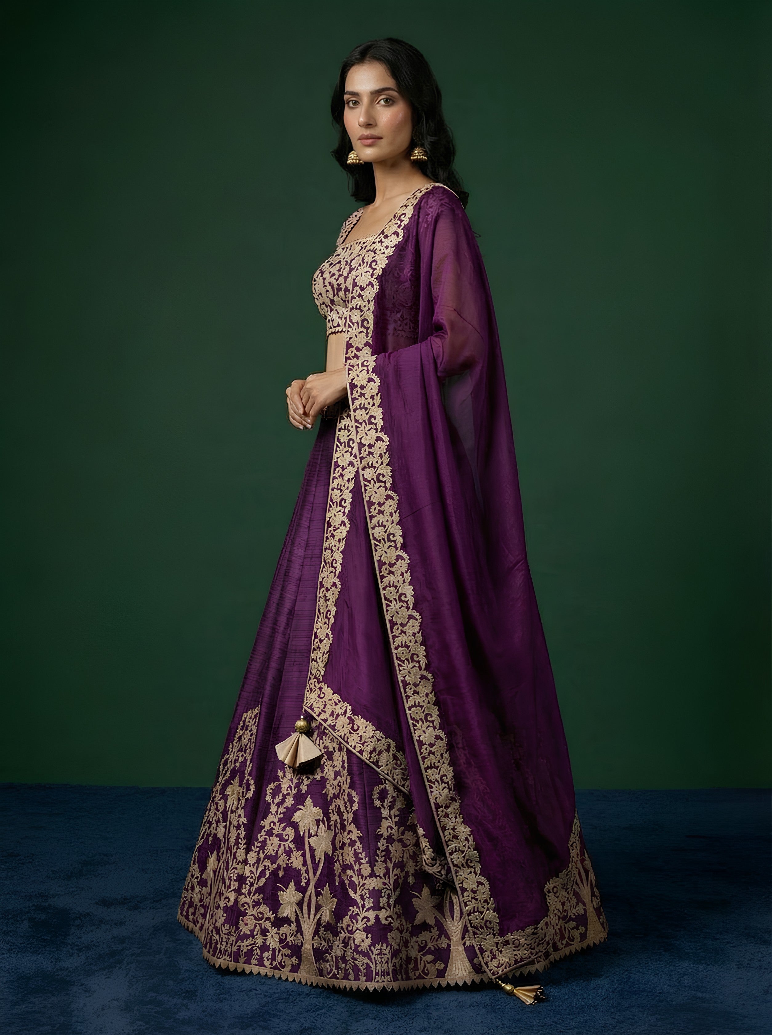 Purple Raw Silk Leather Work Lehenga