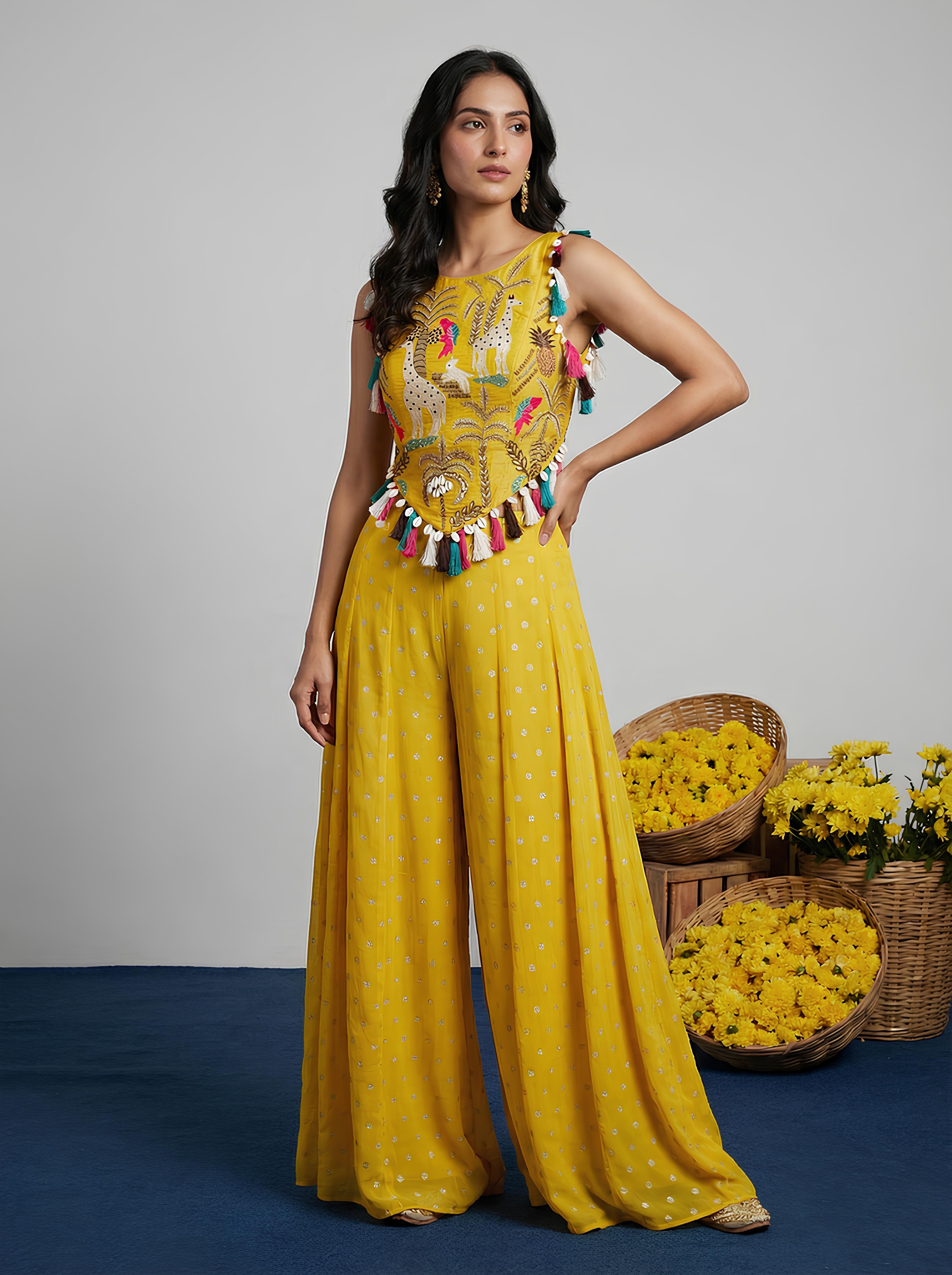 Yellow Corset Embroidered Top With Sharara Suit