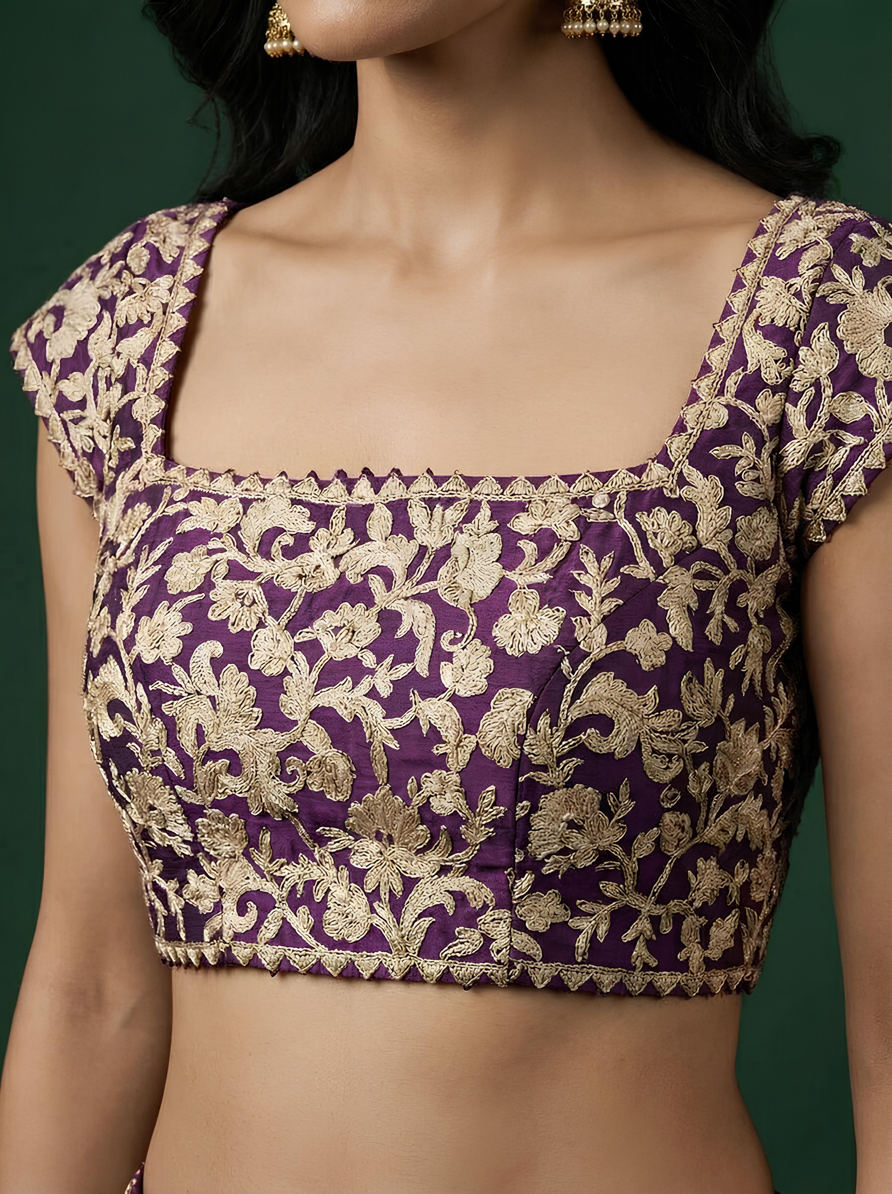 Purple Raw Silk Leather Work Lehenga