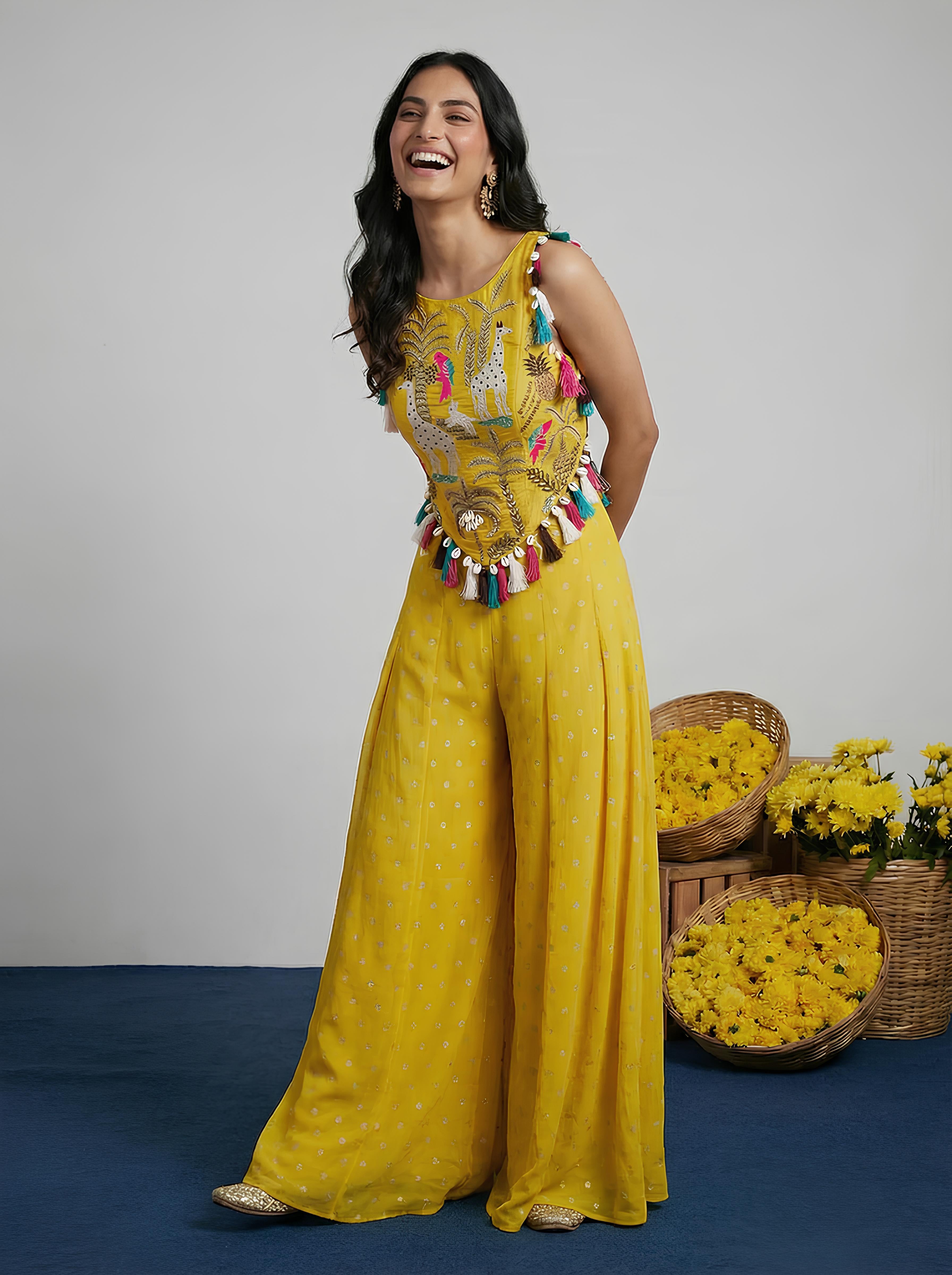 Yellow Corset Embroidered Top With Sharara Suit