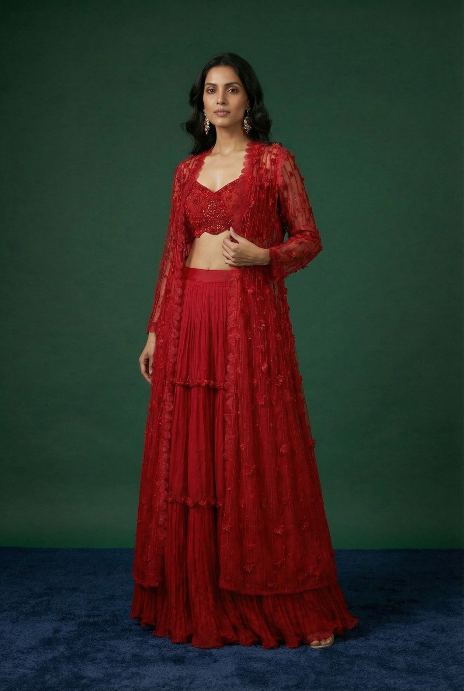Red Festive Wear Shrug With Lehnga