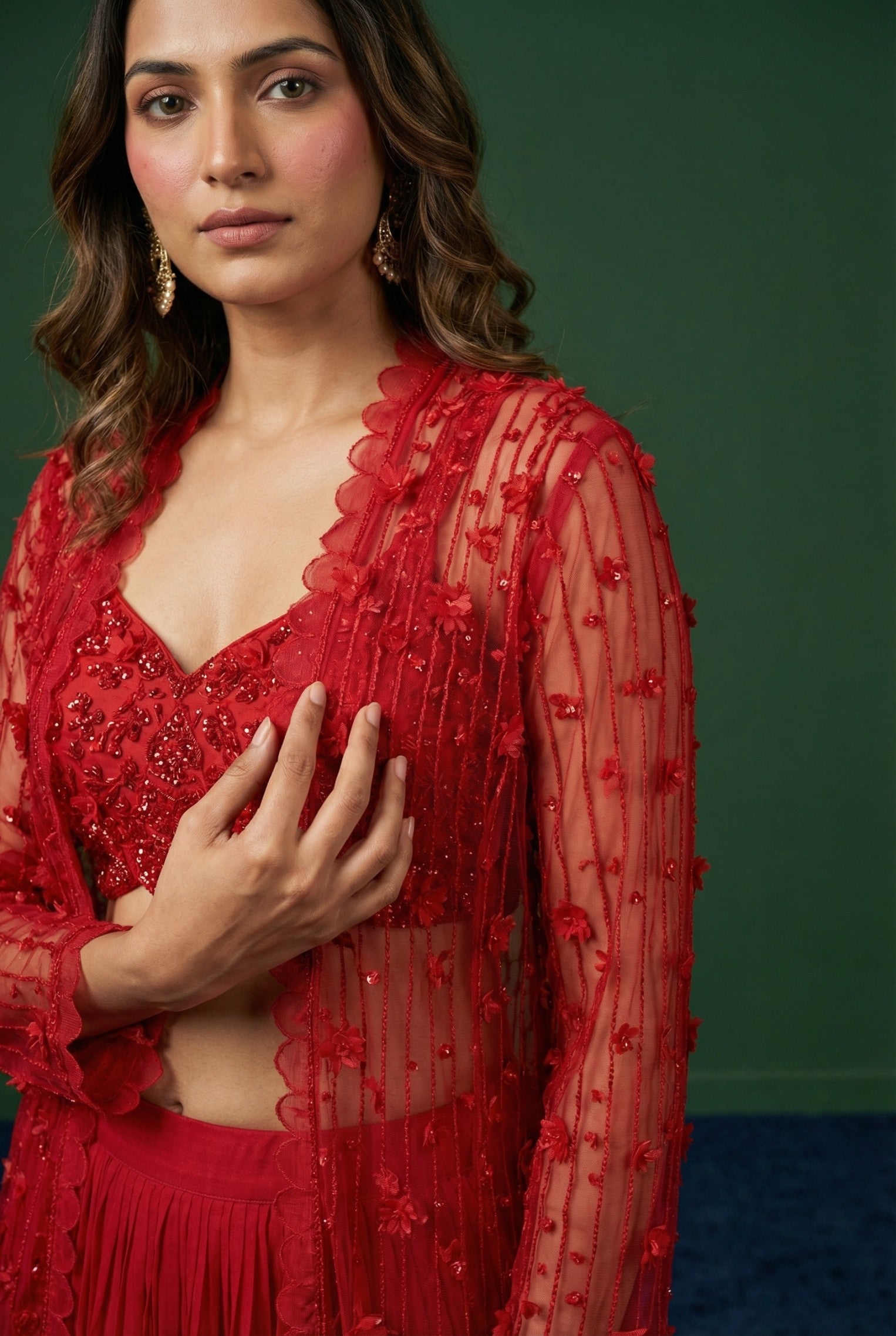 Red Festive Wear Shrug With Lehnga