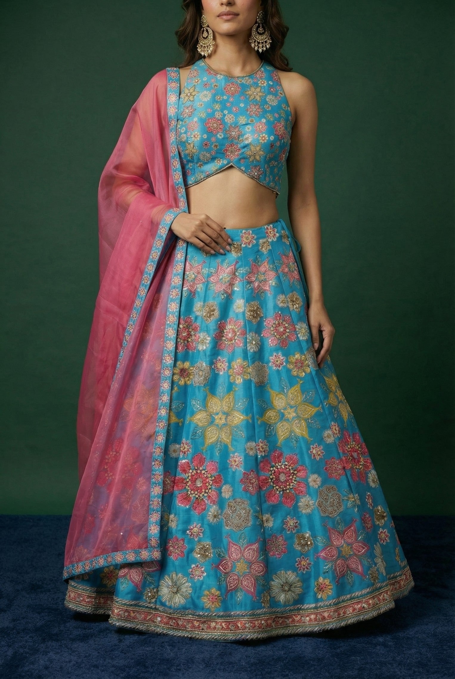 Sky Blue Embroidered Festive Wear Lehenga