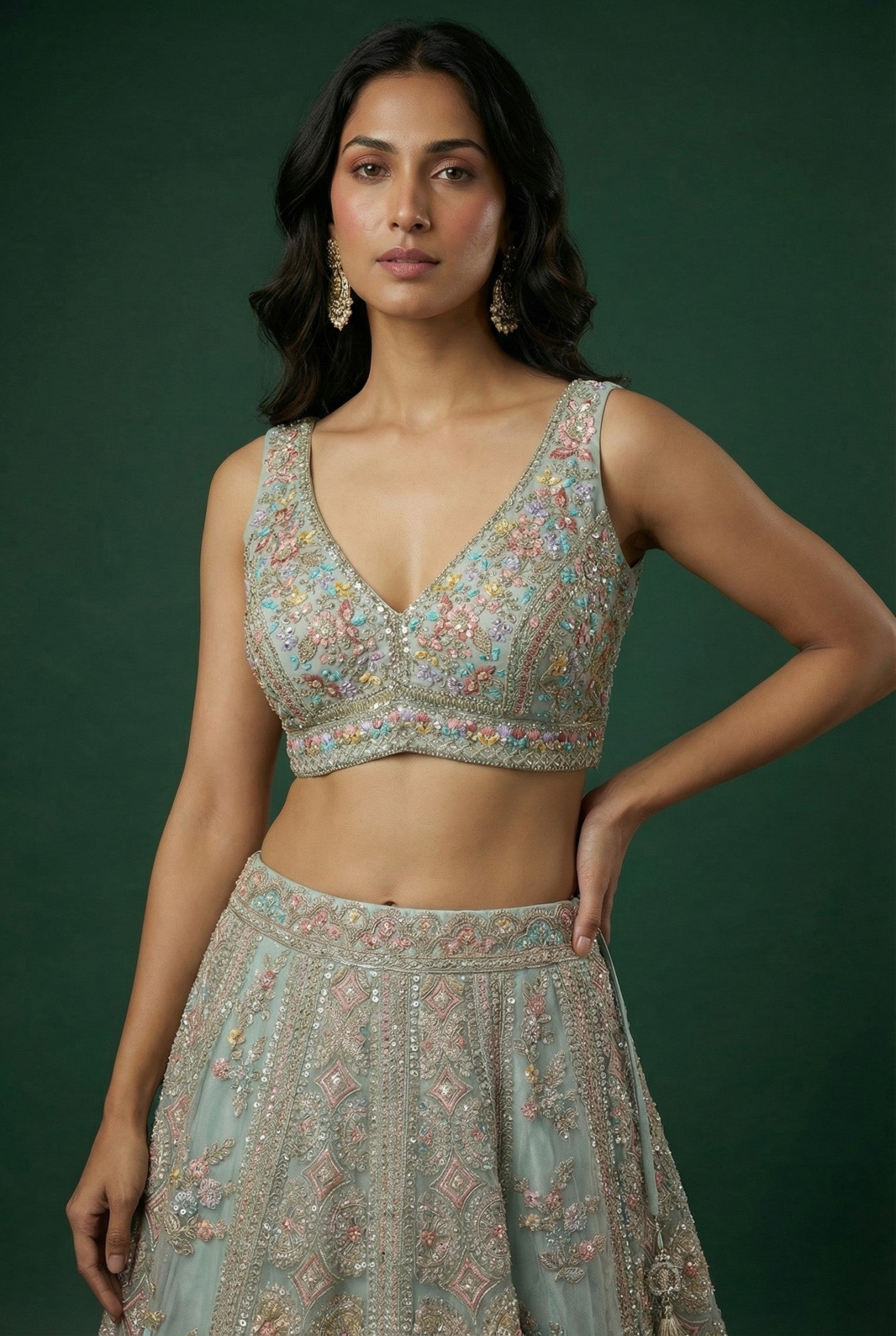 Light Green Net Embroidered Lehenga