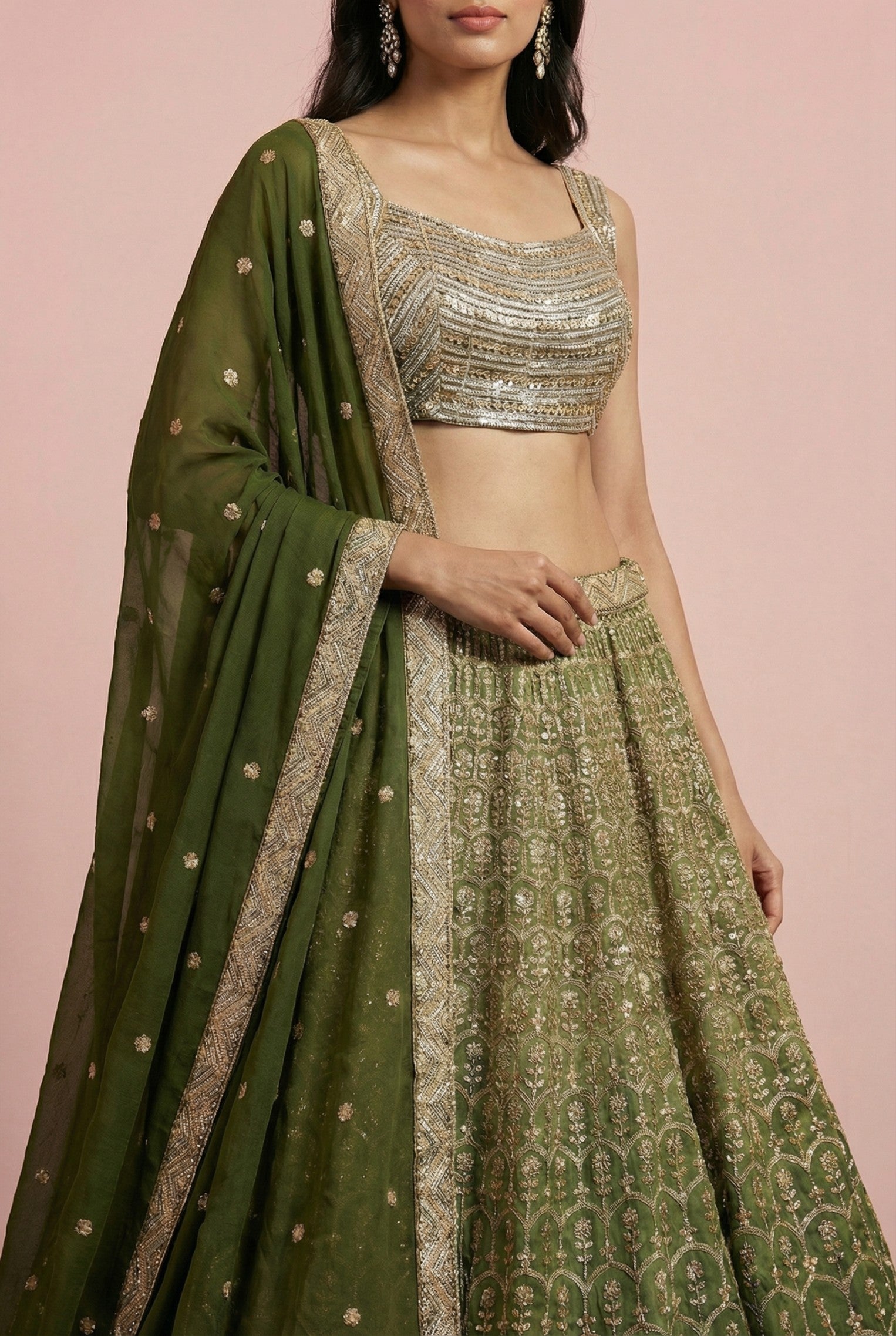 Dark Green Sequinned Crop Top Lehenga