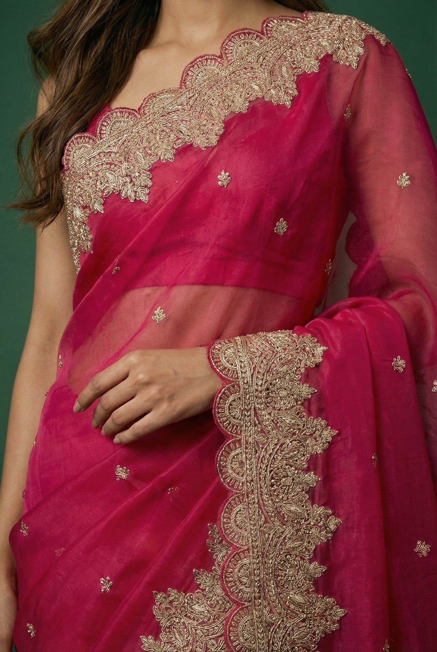 Dark Pink Hand Embroidered Organza Saree