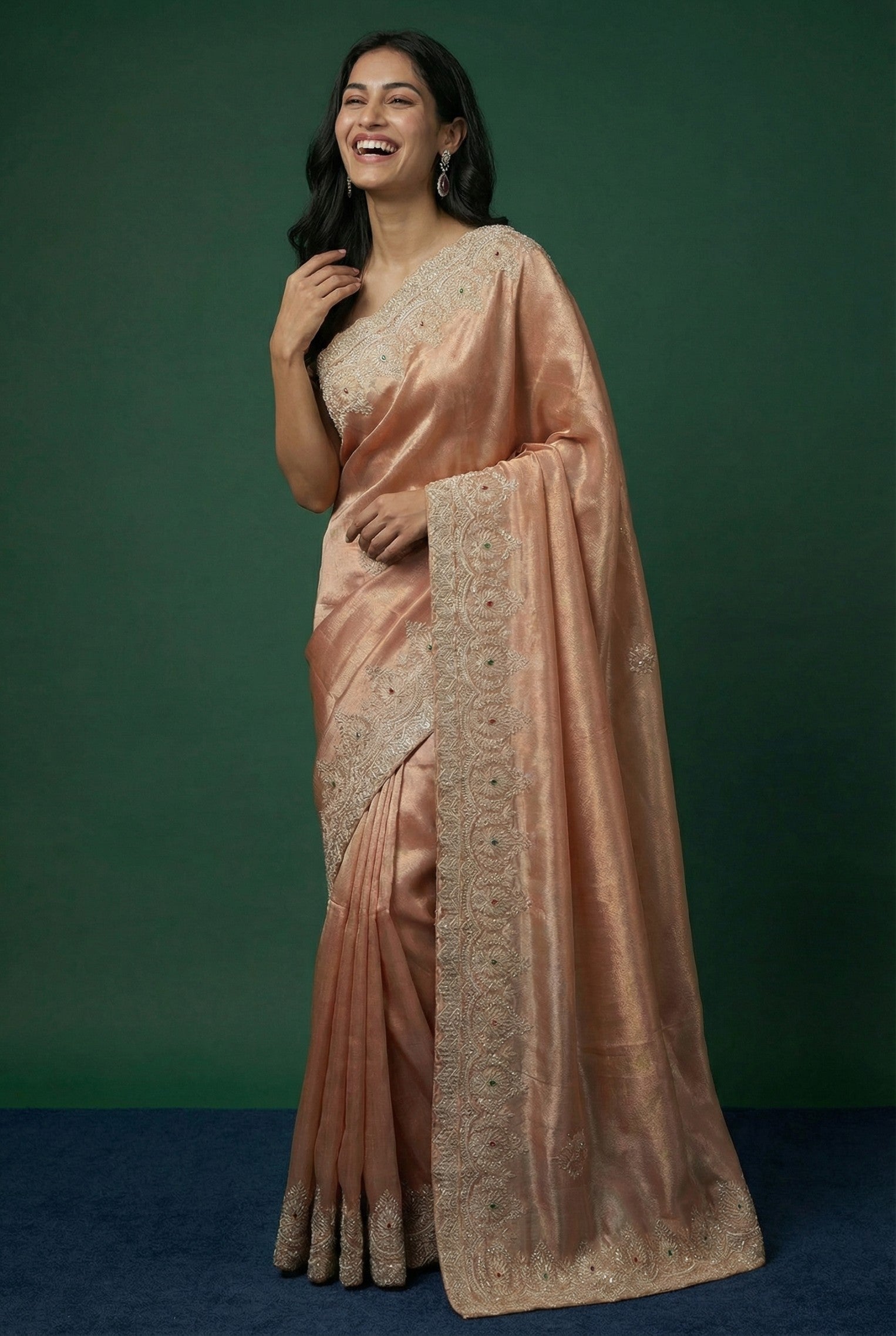 Light Peach Hand Embroidered Silk Saree